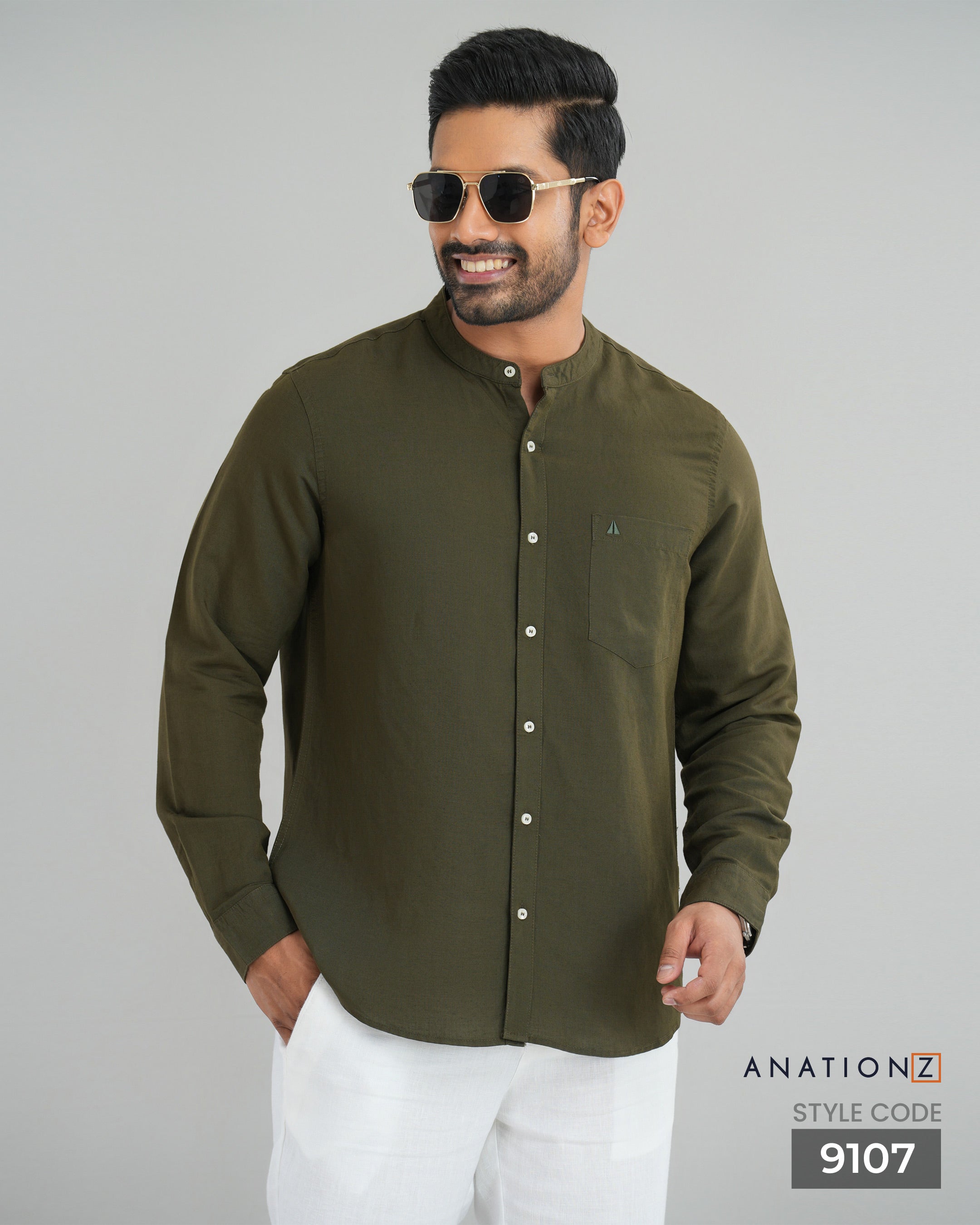 Viscose Linen Chinese Collar Shirt - Olive