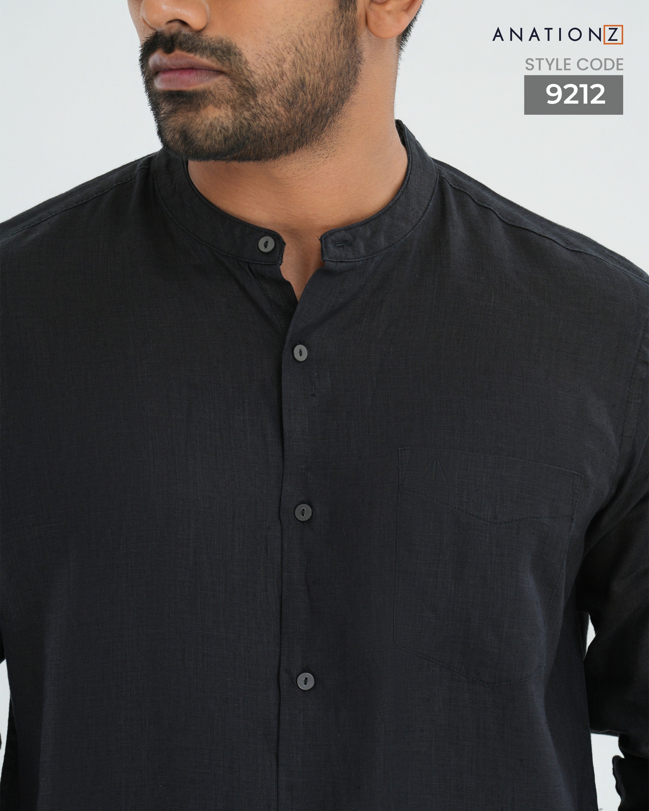 Premium Hemp Long Sleeve Mandarin Collar Shirt - Black