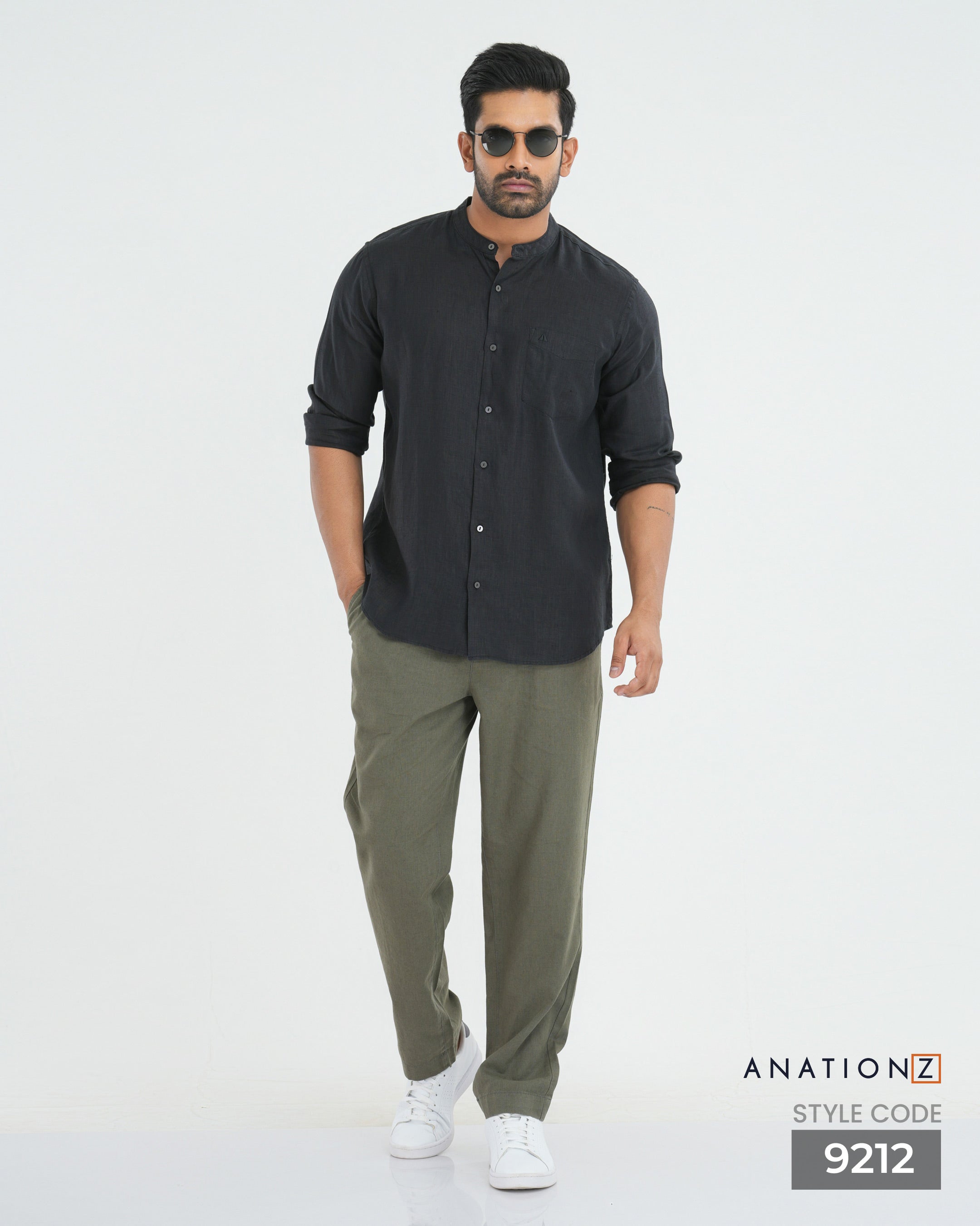 Premium Hemp Long Sleeve Mandarin Collar Shirt - Black