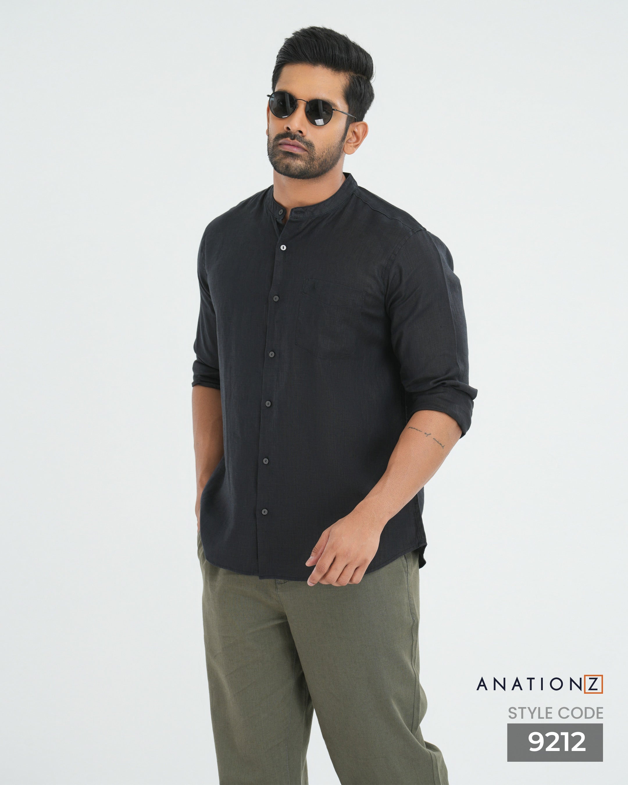 Premium Hemp Long Sleeve Mandarin Collar Shirt - Black