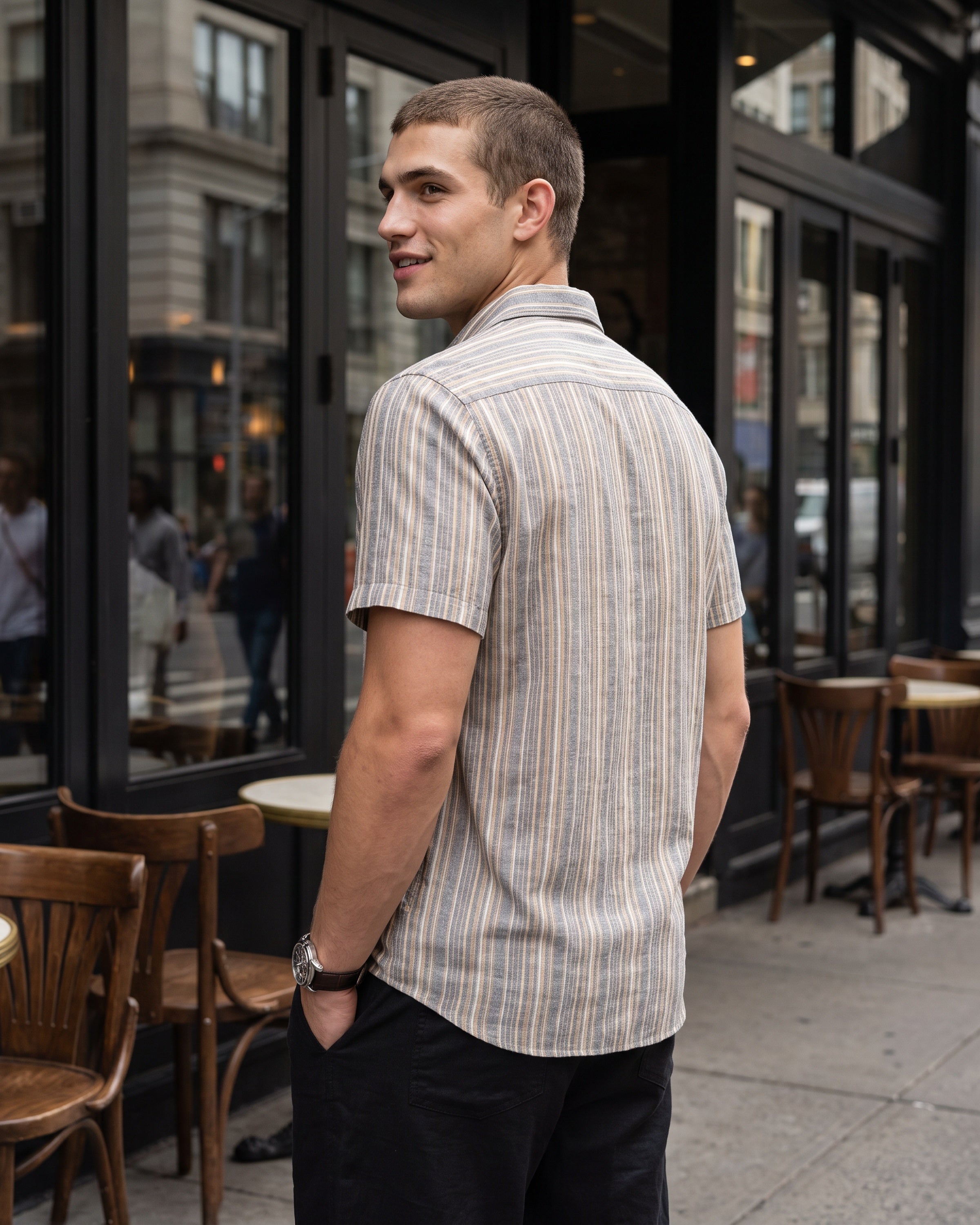 Linen Cotton Stripe Short Sleeve Shirt - Grey