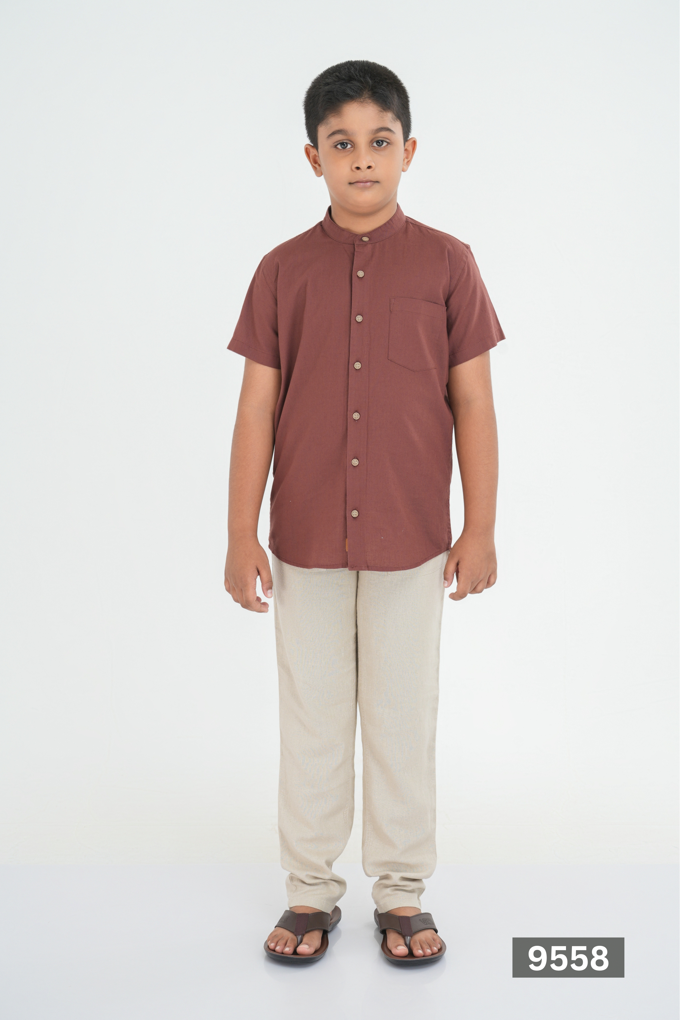 CHINESE COLLAR JUNIOR LINEN COTTON SHORT SLEEVE SHIRT - BROWN