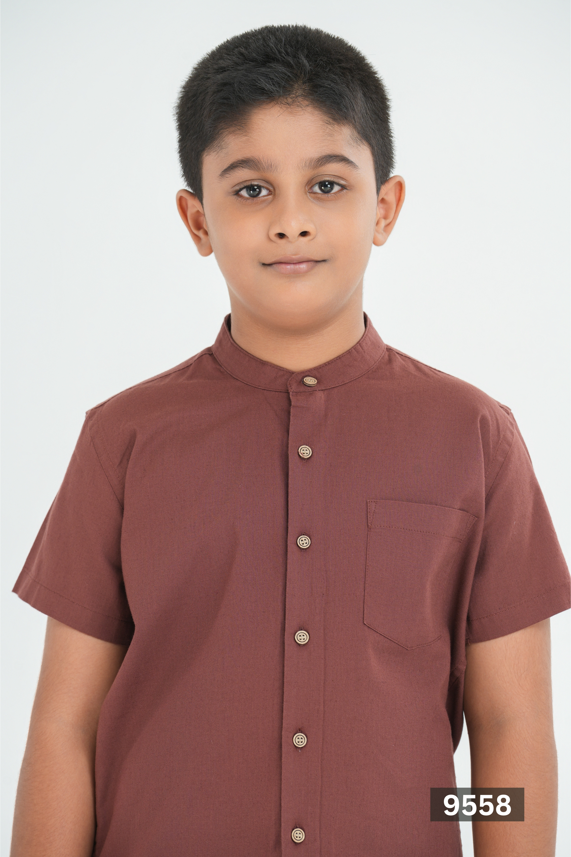 CHINESE COLLAR JUNIOR LINEN COTTON SHORT SLEEVE SHIRT - BROWN