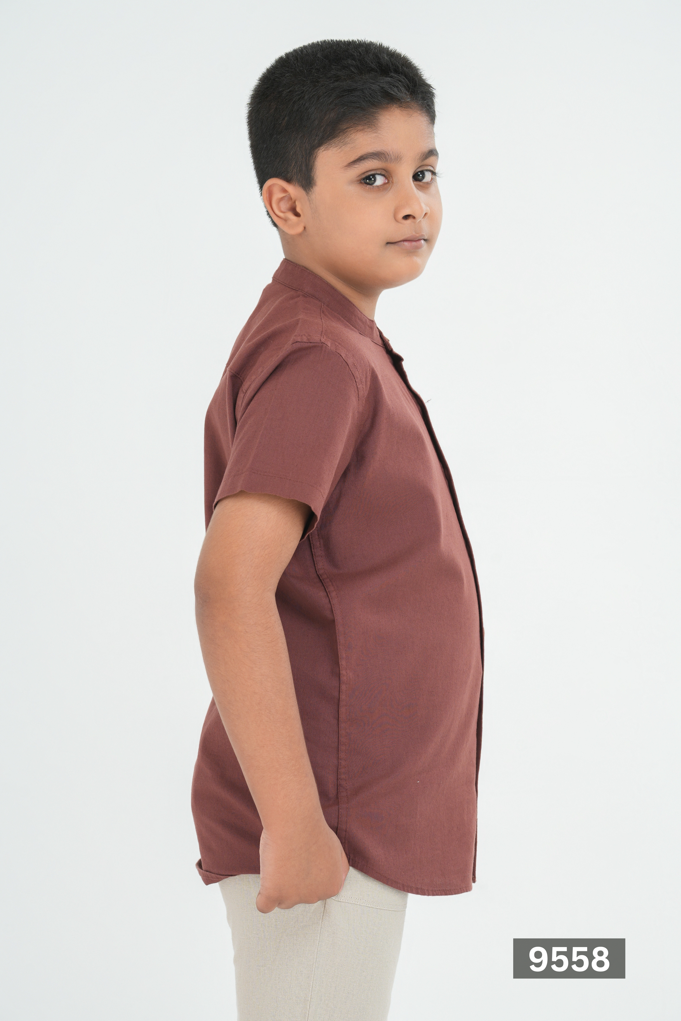 CHINESE COLLAR JUNIOR LINEN COTTON SHORT SLEEVE SHIRT - BROWN