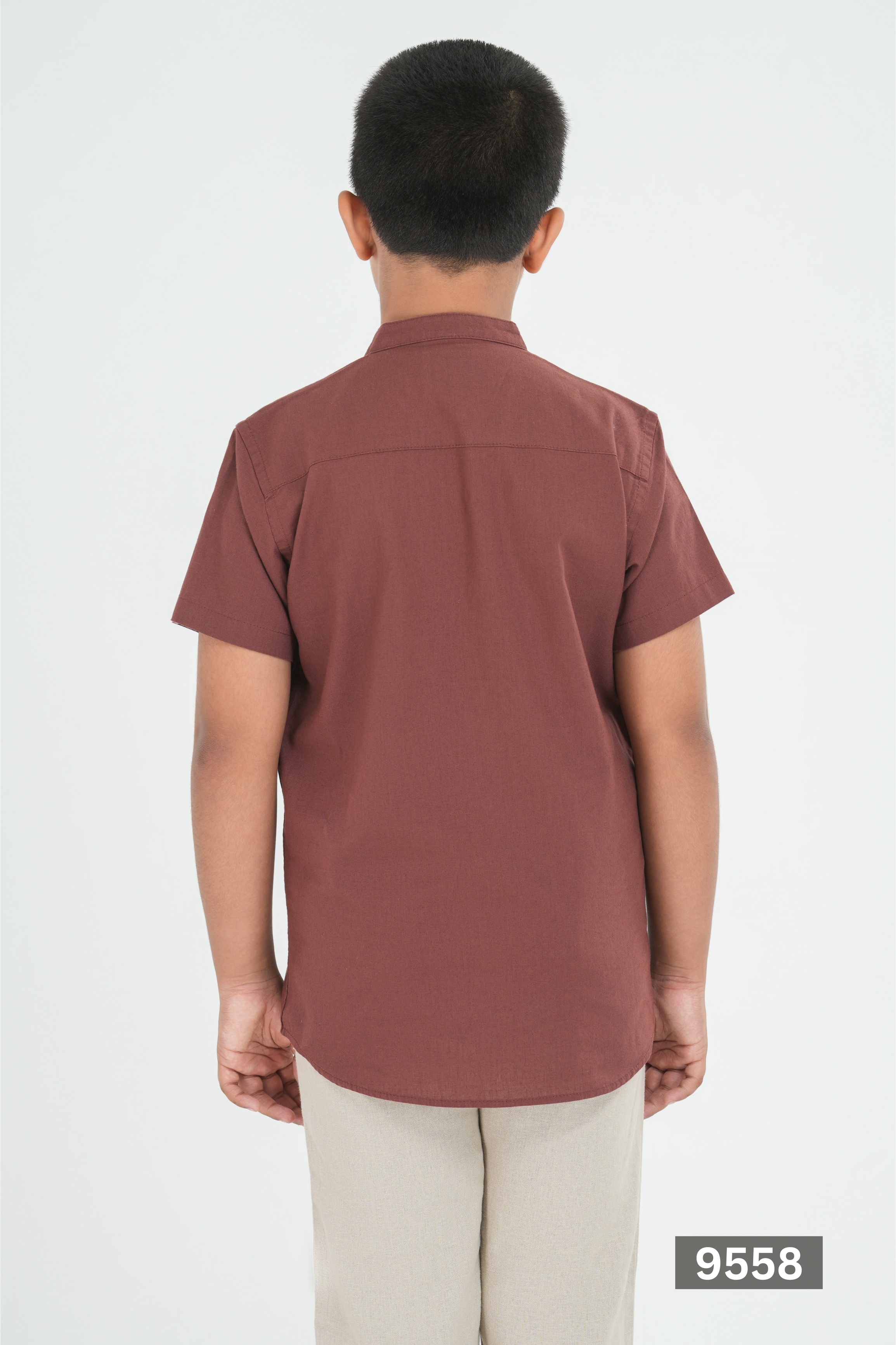 CHINESE COLLAR JUNIOR LINEN COTTON SHORT SLEEVE SHIRT - BROWN