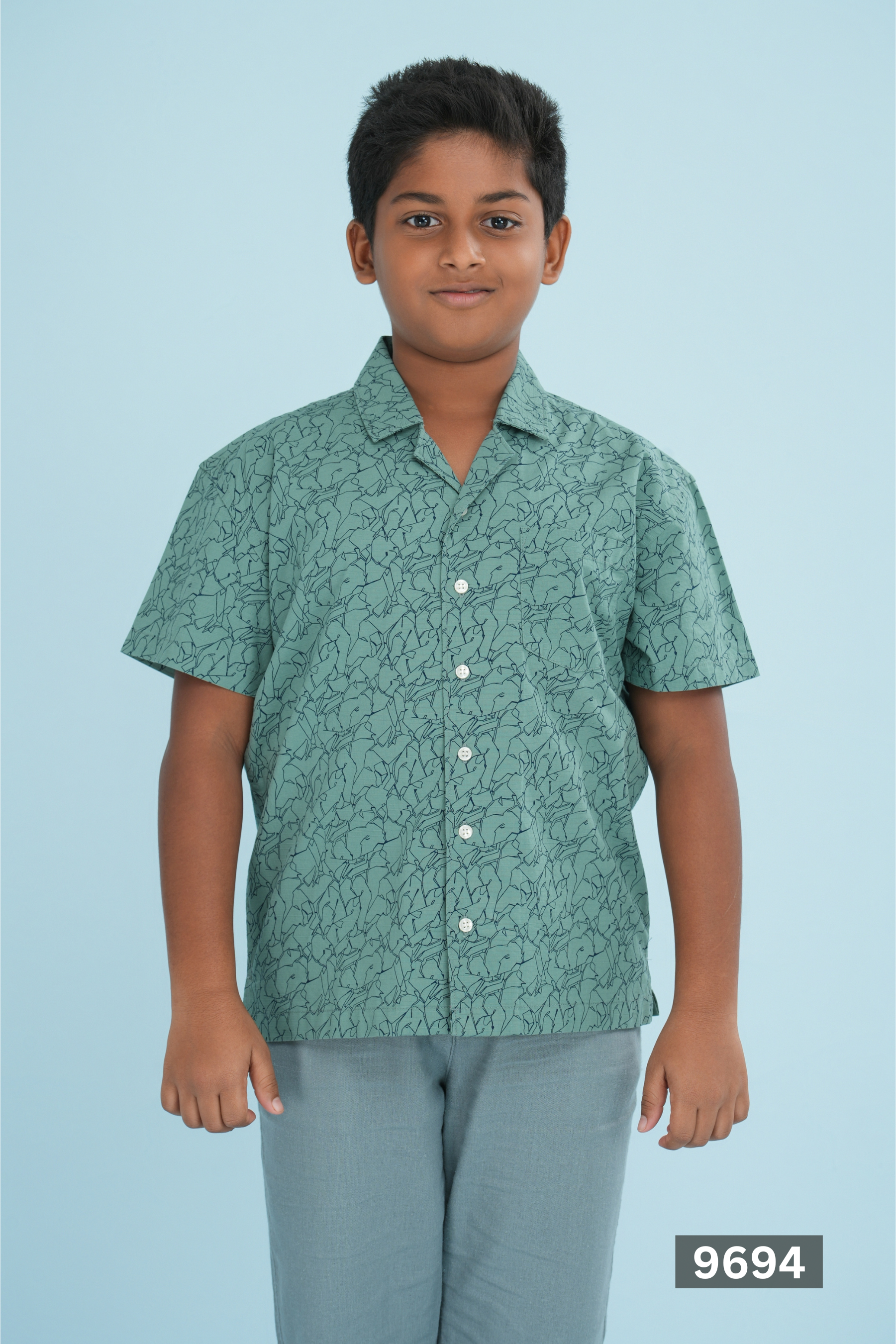 CUBAN COLLAR JUNIOR COTTON SHORT SLEEVE SHIRT - MOSS GREEN