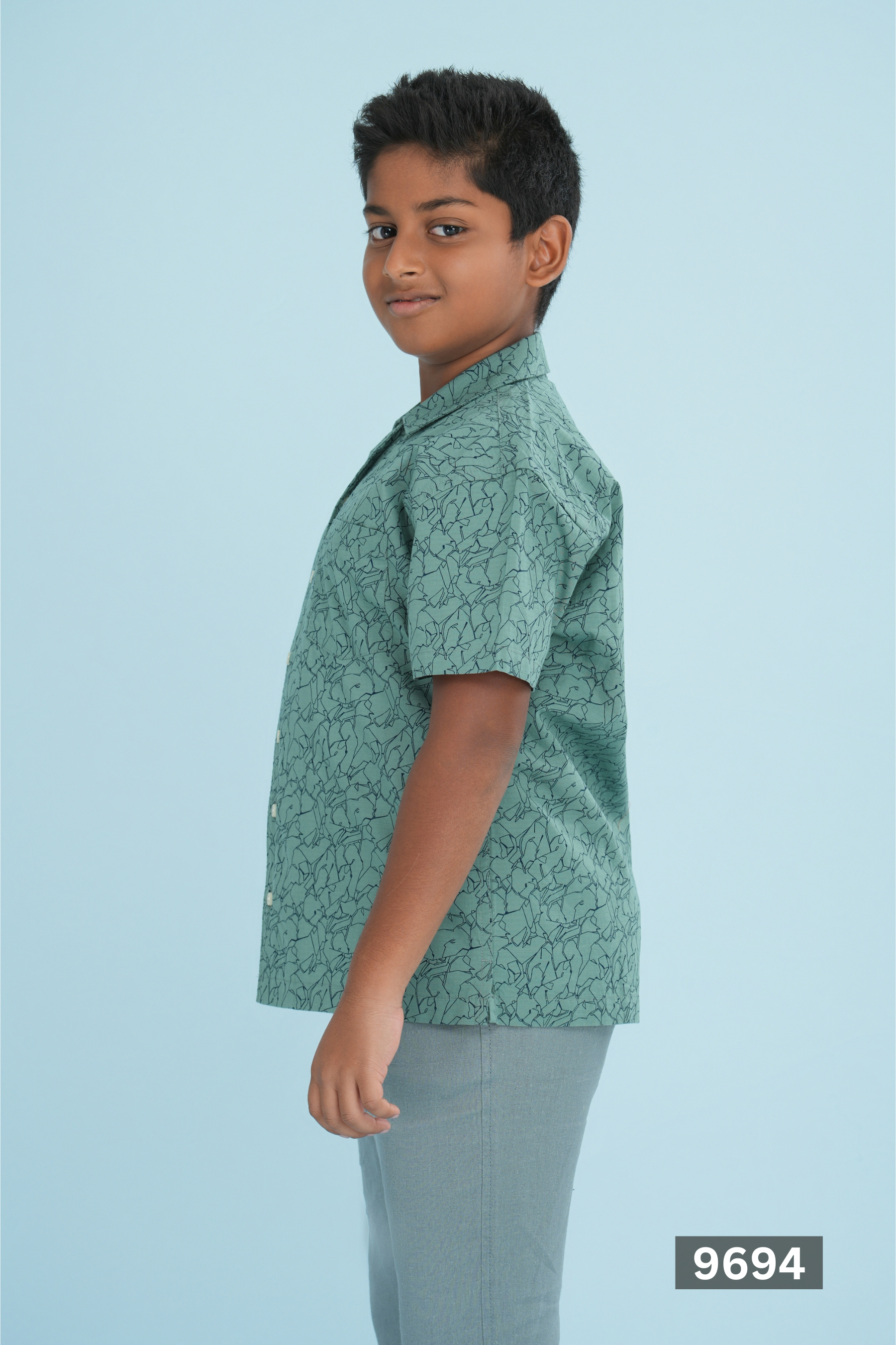 CUBAN COLLAR JUNIOR COTTON SHORT SLEEVE SHIRT - MOSS GREEN