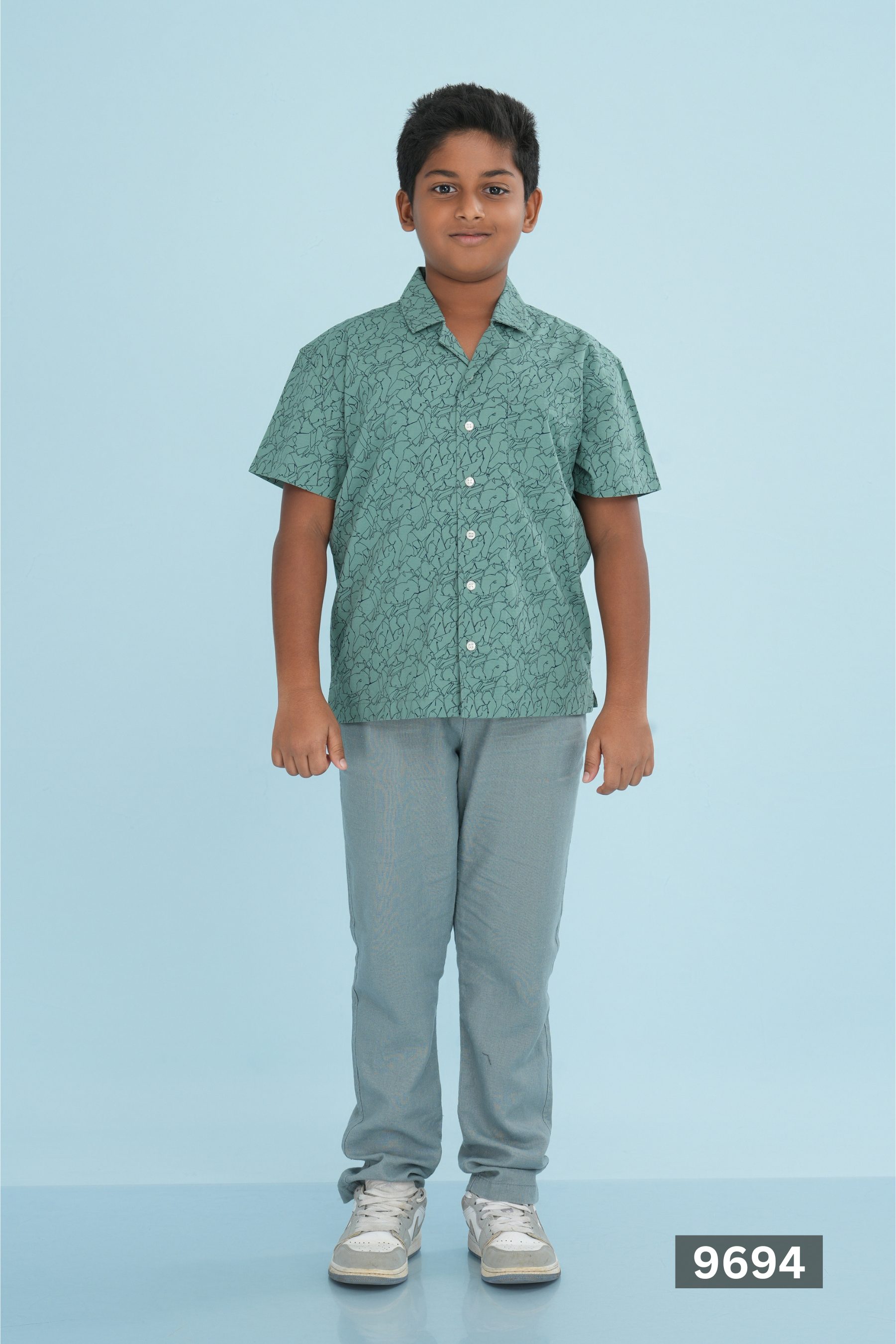 CUBAN COLLAR JUNIOR COTTON SHORT SLEEVE SHIRT - MOSS GREEN