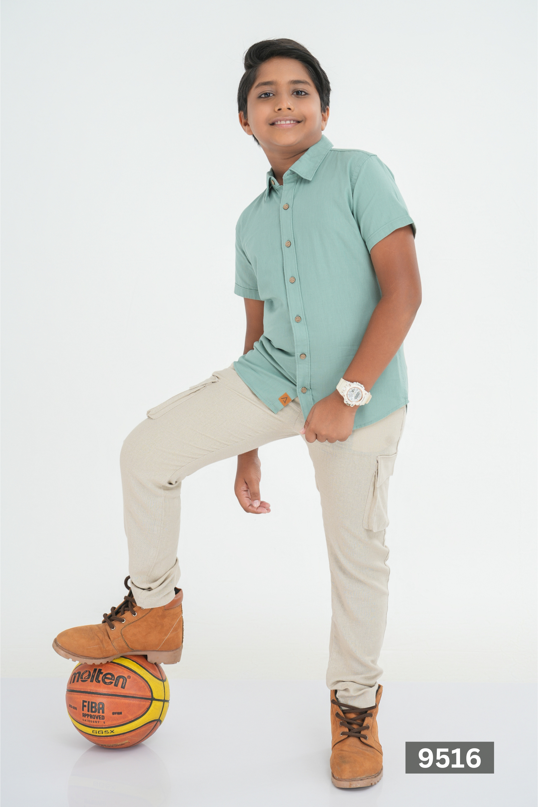 NORMAL COLLAR JUNIOR LINEN COTTON SHORT SLEEVE SHIRT - MOSS GREEN