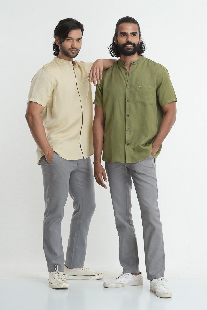 Mandarin Collared Tencil Hemp Shirt - Olive