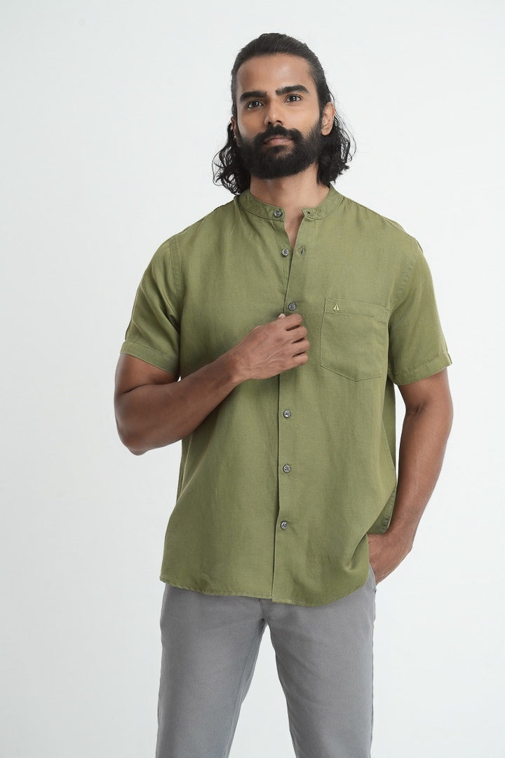 Mandarin Collared Tencil Hemp Shirt - Olive