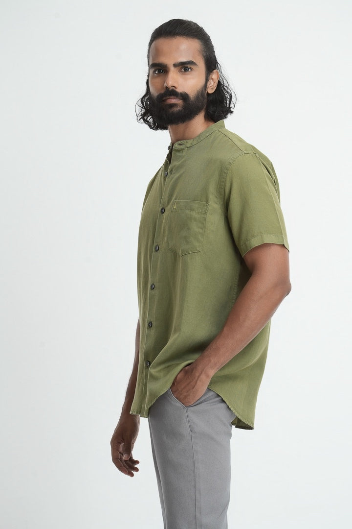 Mandarin Collared Tencil Hemp Shirt - Olive
