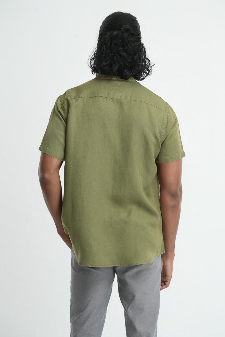 Mandarin Collared Tencil Hemp Shirt - Olive