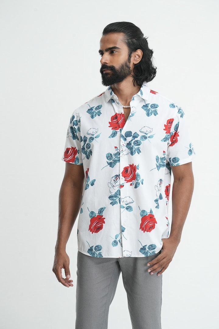 White Floral Cotton Printed Shirt