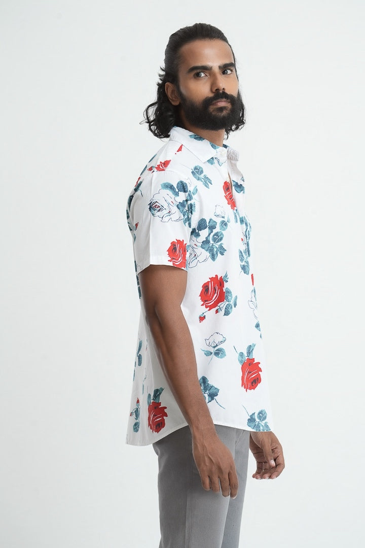 White Floral Cotton Printed Shirt