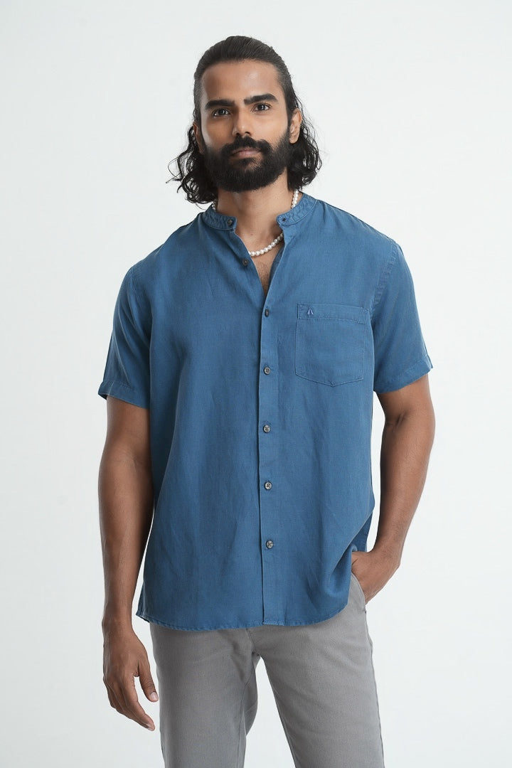 Mandarin Collared Tencil Hemp Shirt - Royal Blue