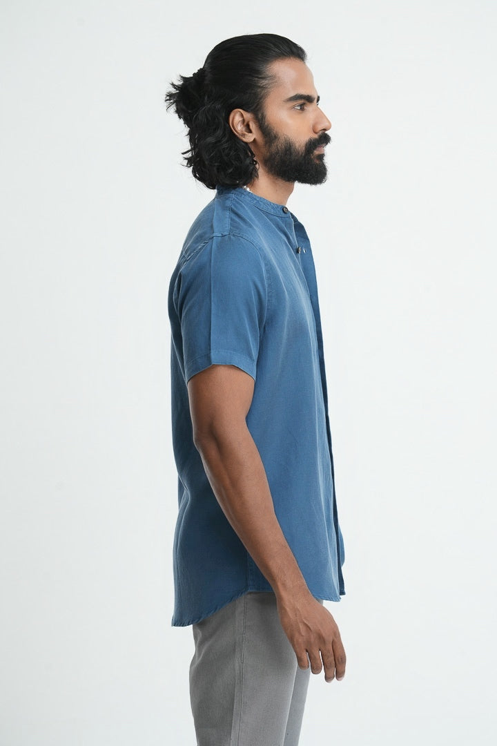 Mandarin Collared Tencil Hemp Shirt - Royal Blue