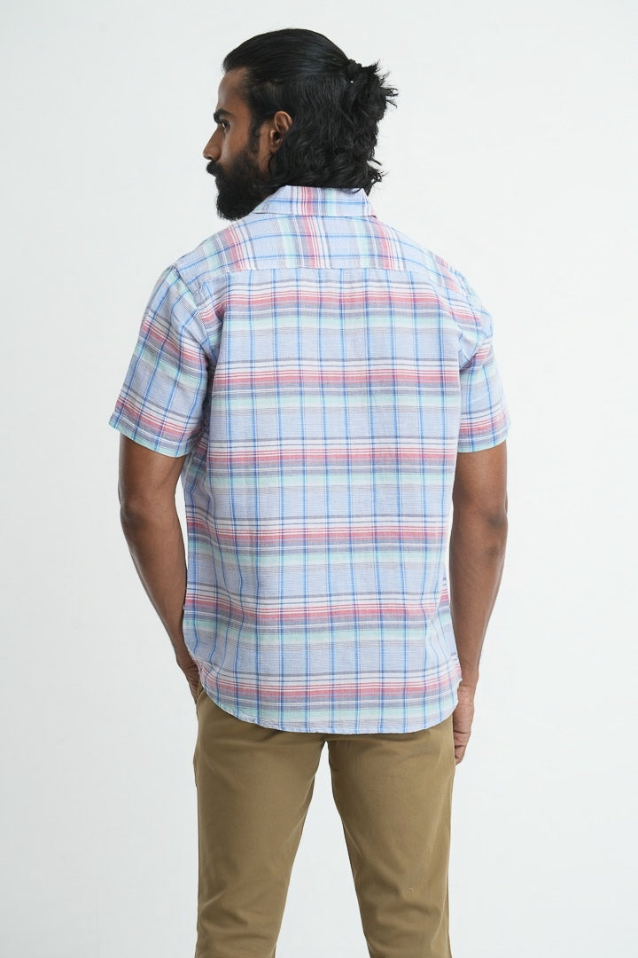 Linen Cotton Checkered Shirt - Blue