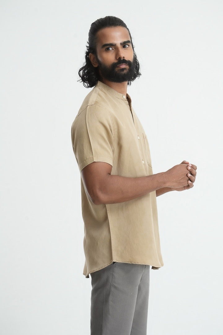 Mandarin Collared Tencil Hemp Shirt - Beige