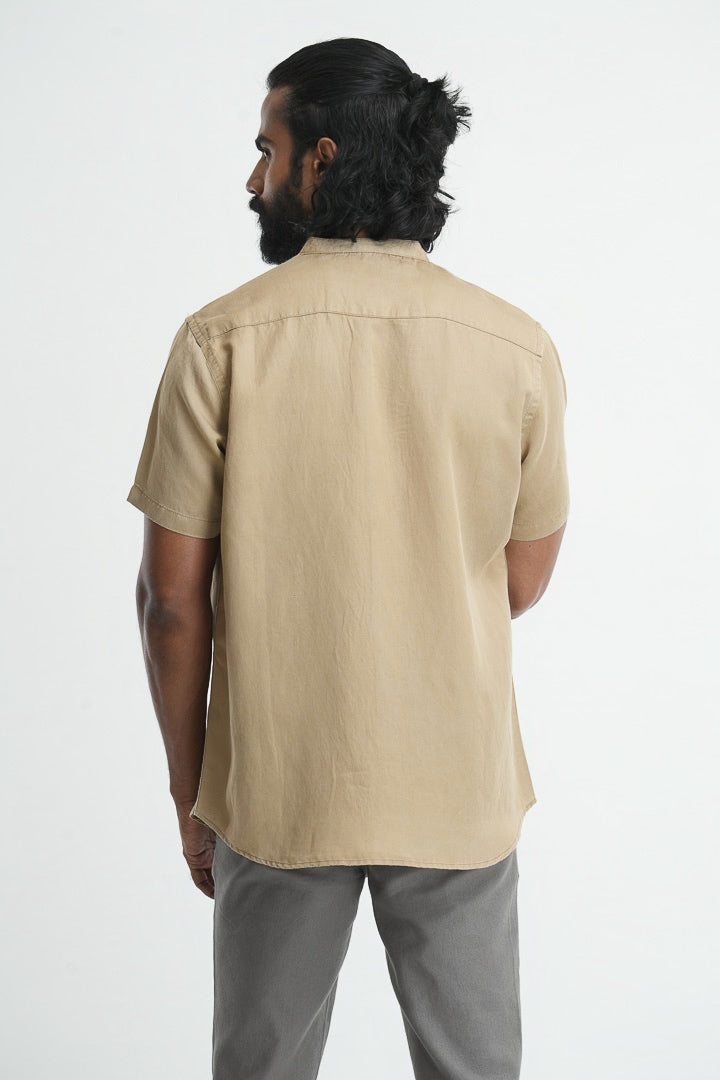 Mandarin Collared Tencil Hemp Shirt - Beige