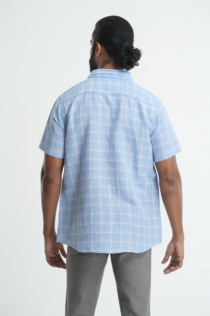 Linen Cotton Checkered Shirt - Sky Blue