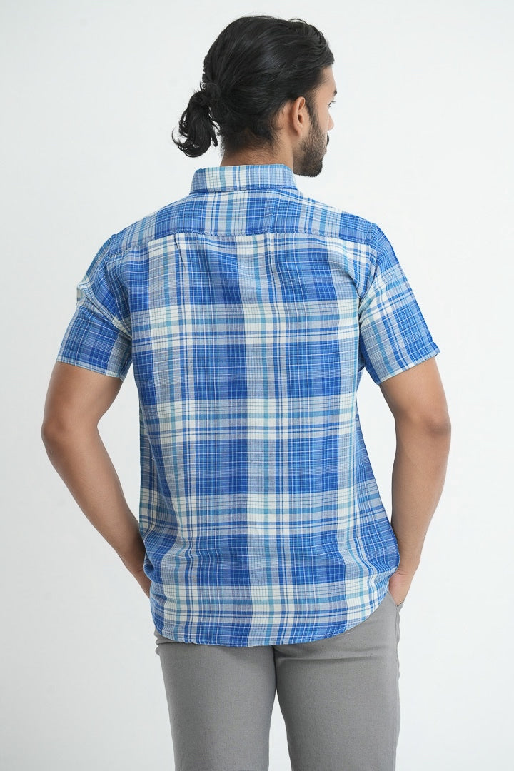 Linen Cotton Checkered Shirt - Aqua