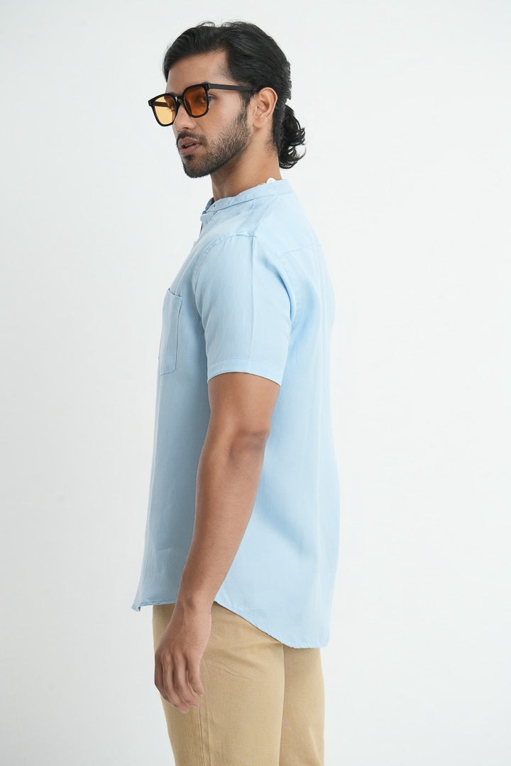 Mandarin Collared Tencil Hemp Shirt - Sky Blue