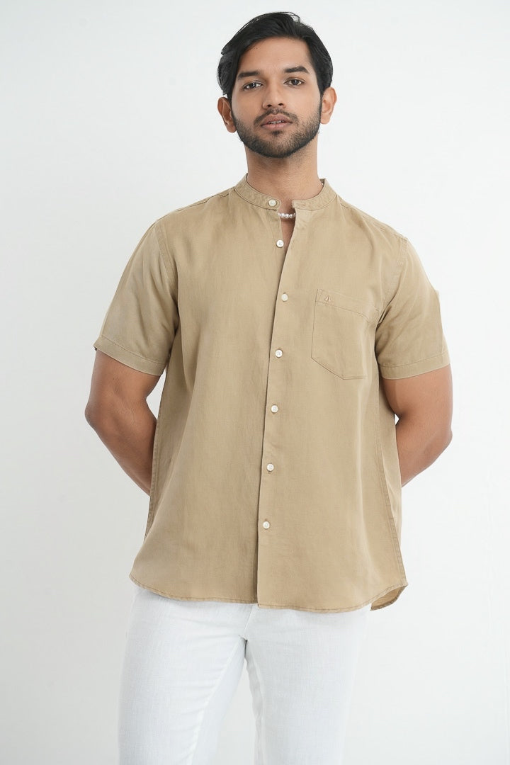 Mandarin Collared Tencil Hemp Shirt - Beige