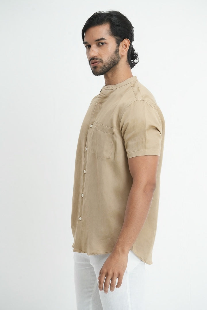 Mandarin Collared Tencil Hemp Shirt - Beige