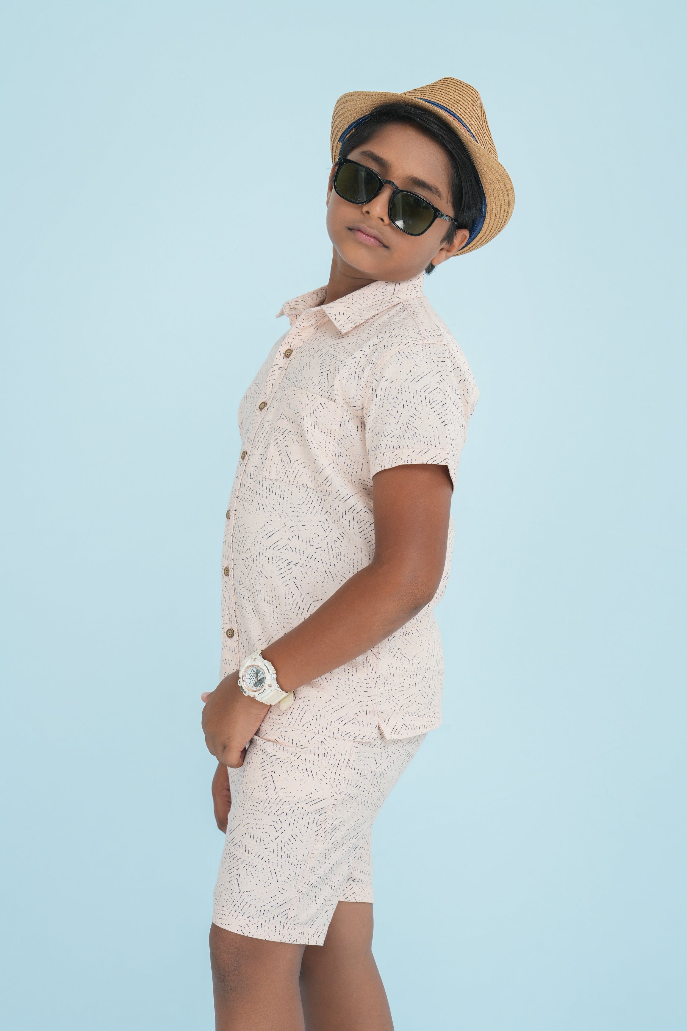 Kids’ Linen Cotton Printed Shirt & Shorts Set – Peach | AnationZ Junior