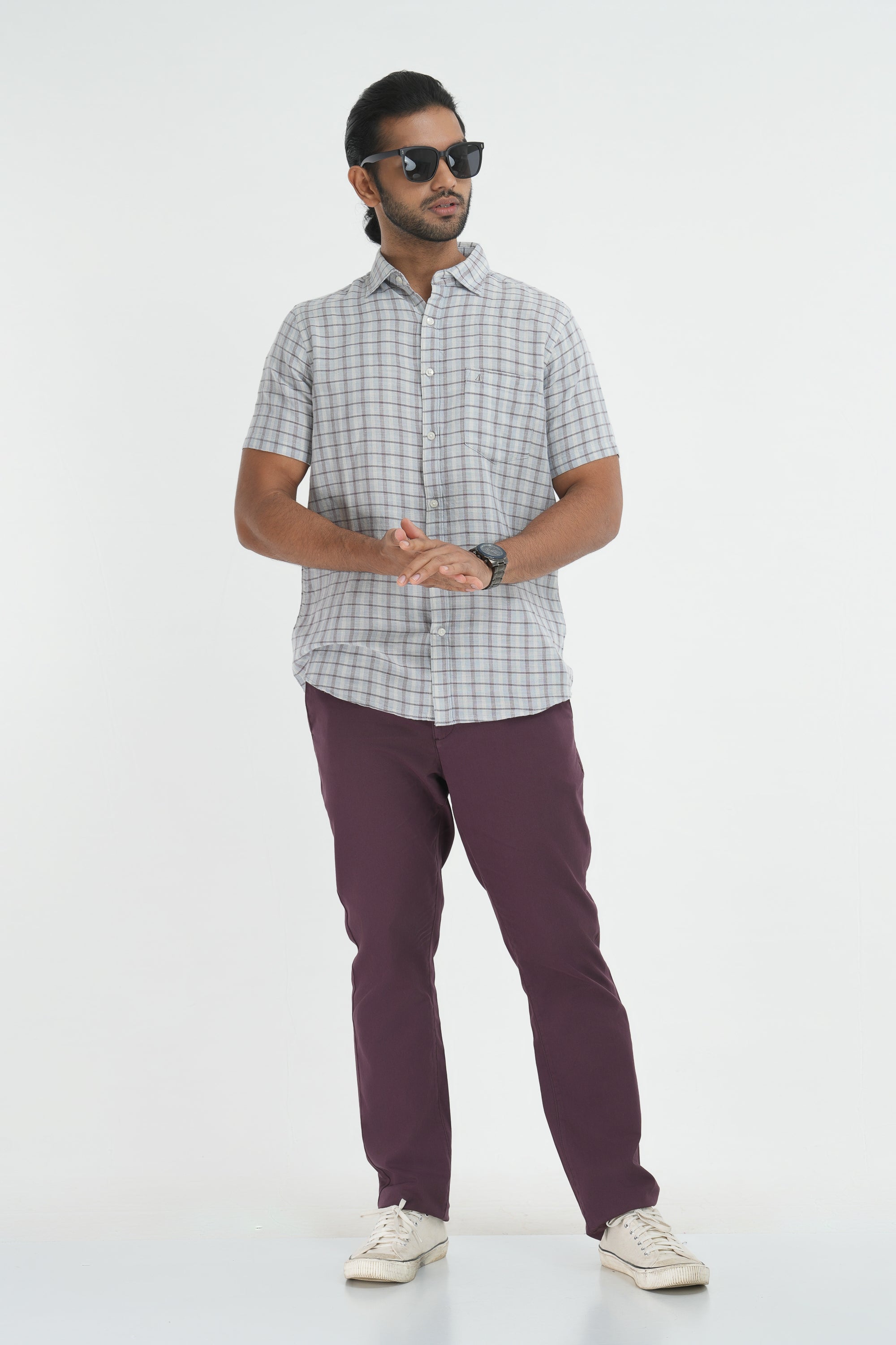 Linen Cotton Checks Shirt - Light Grey