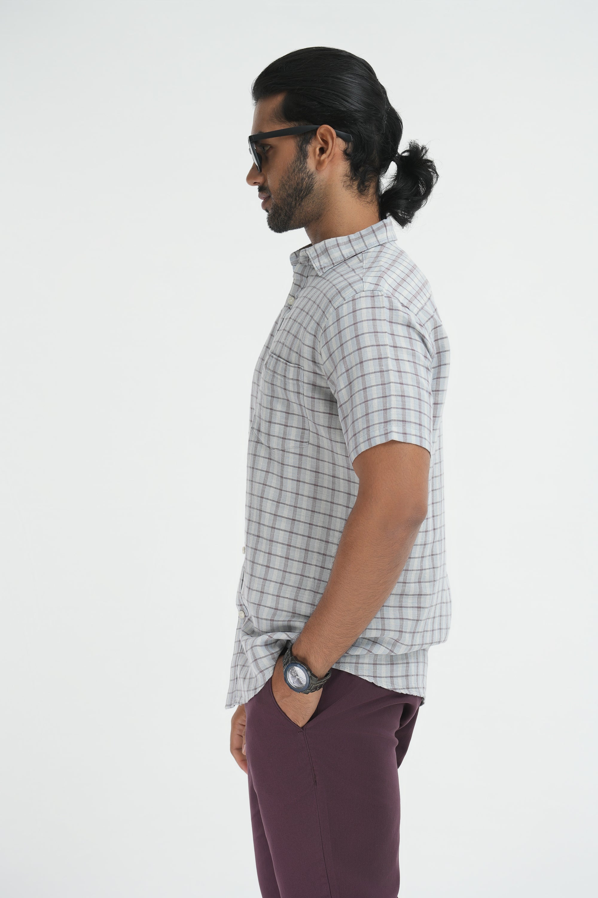 Linen Cotton Checks Shirt - Light Grey