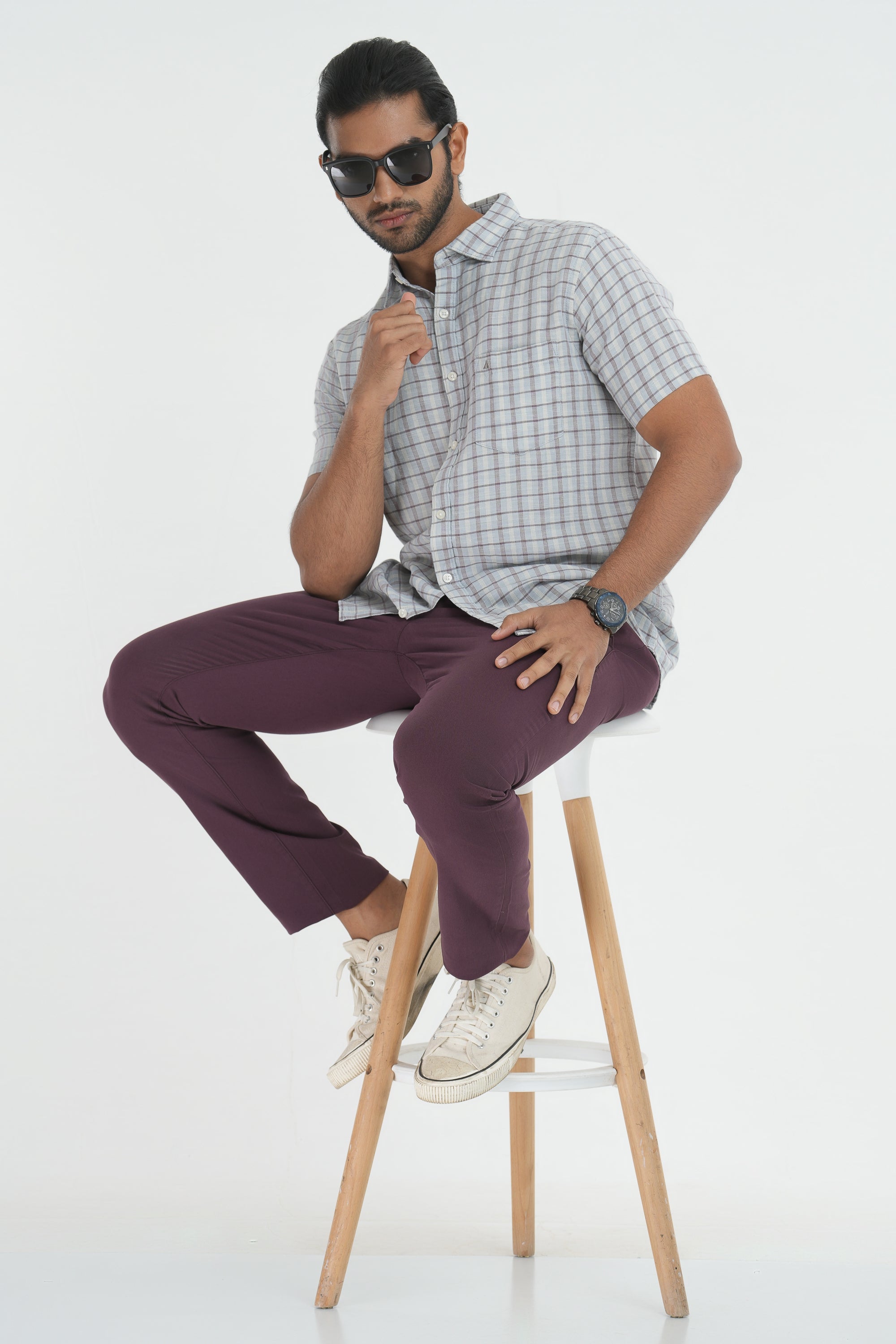 Linen Cotton Checks Shirt - Light Grey