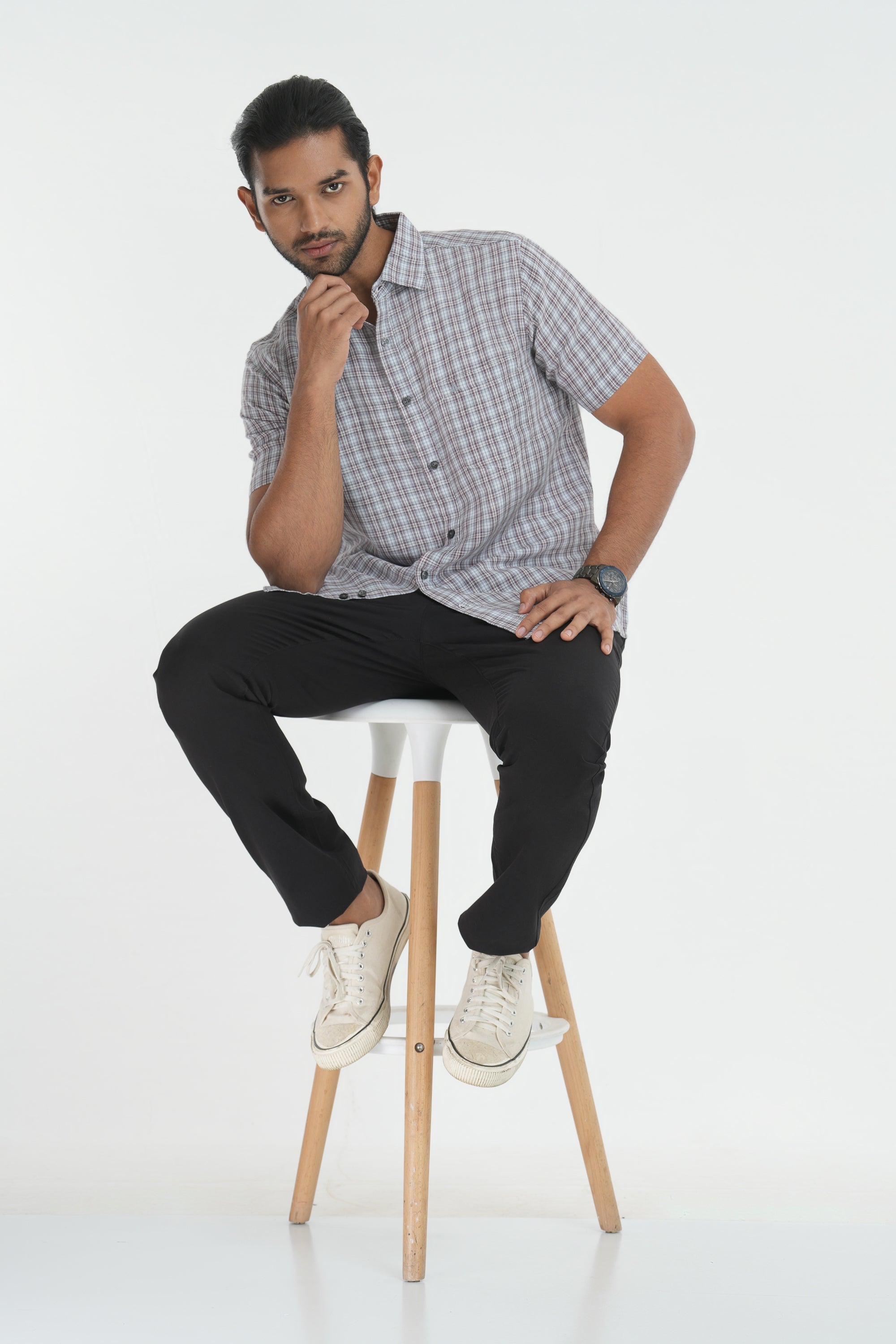 Linen Cotton Checks Shirt - Brown