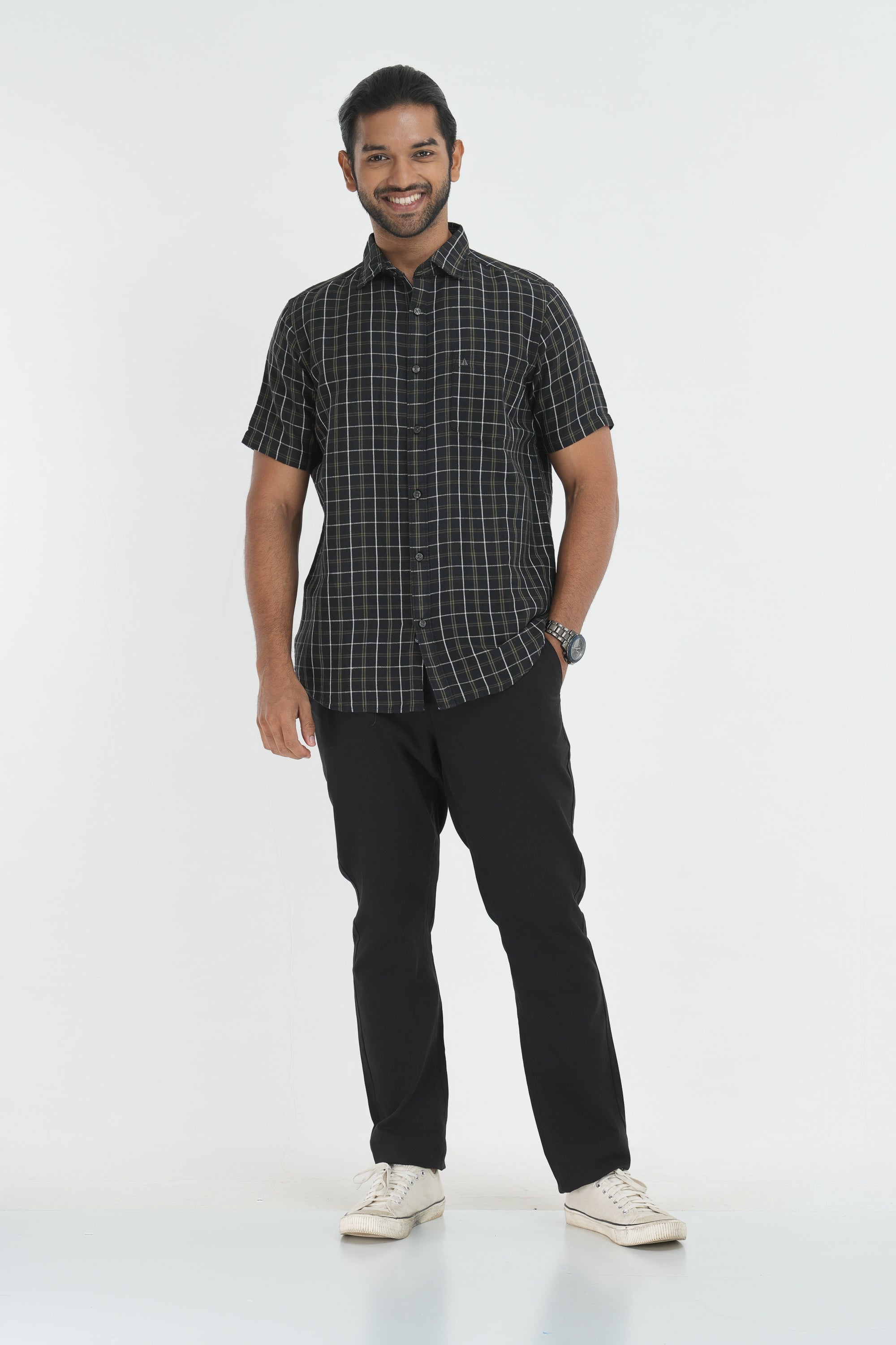 Linen Cotton Checks Shirt - Black