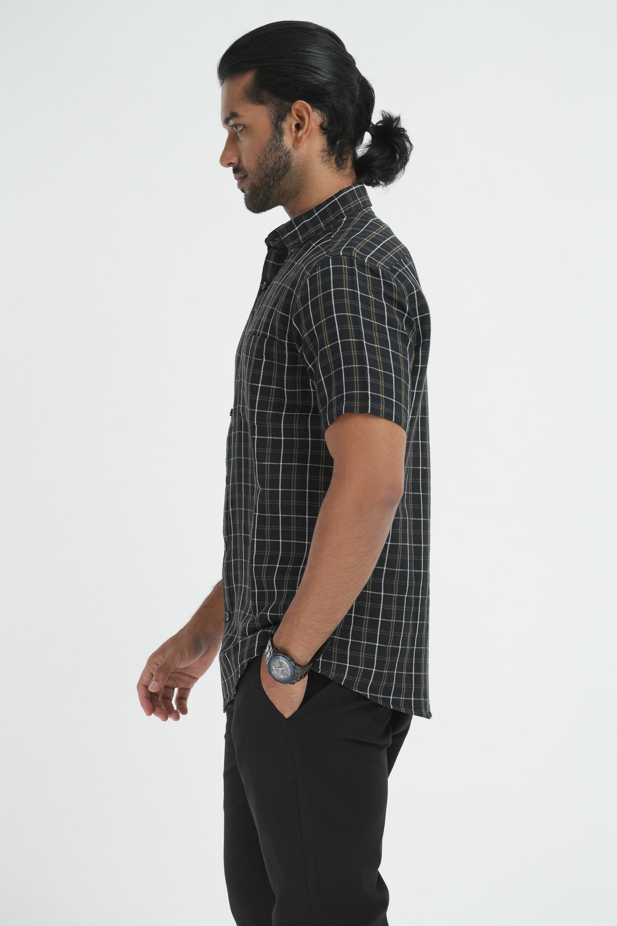 Linen Cotton Checks Shirt - Black