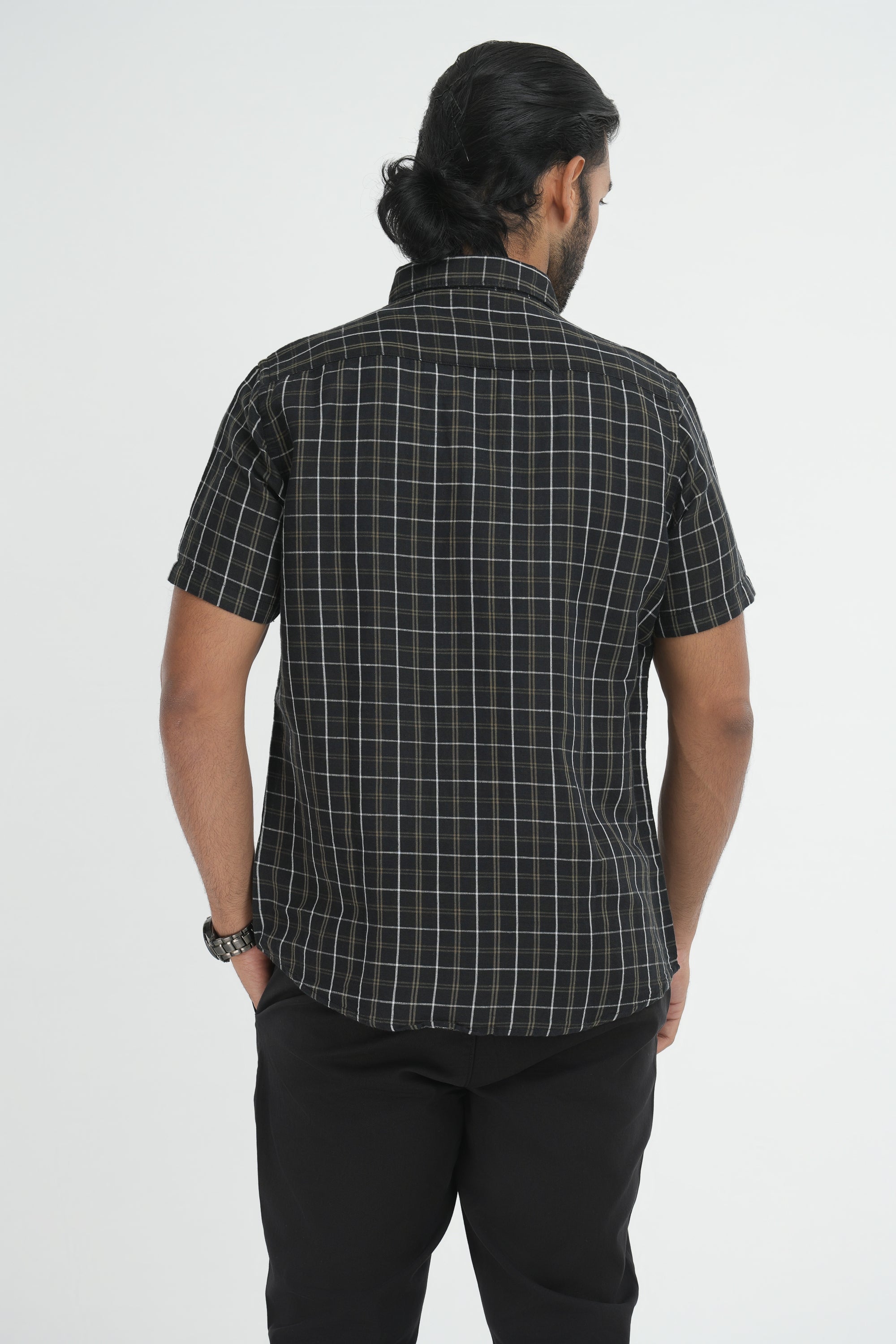 Linen Cotton Checks Shirt - Black