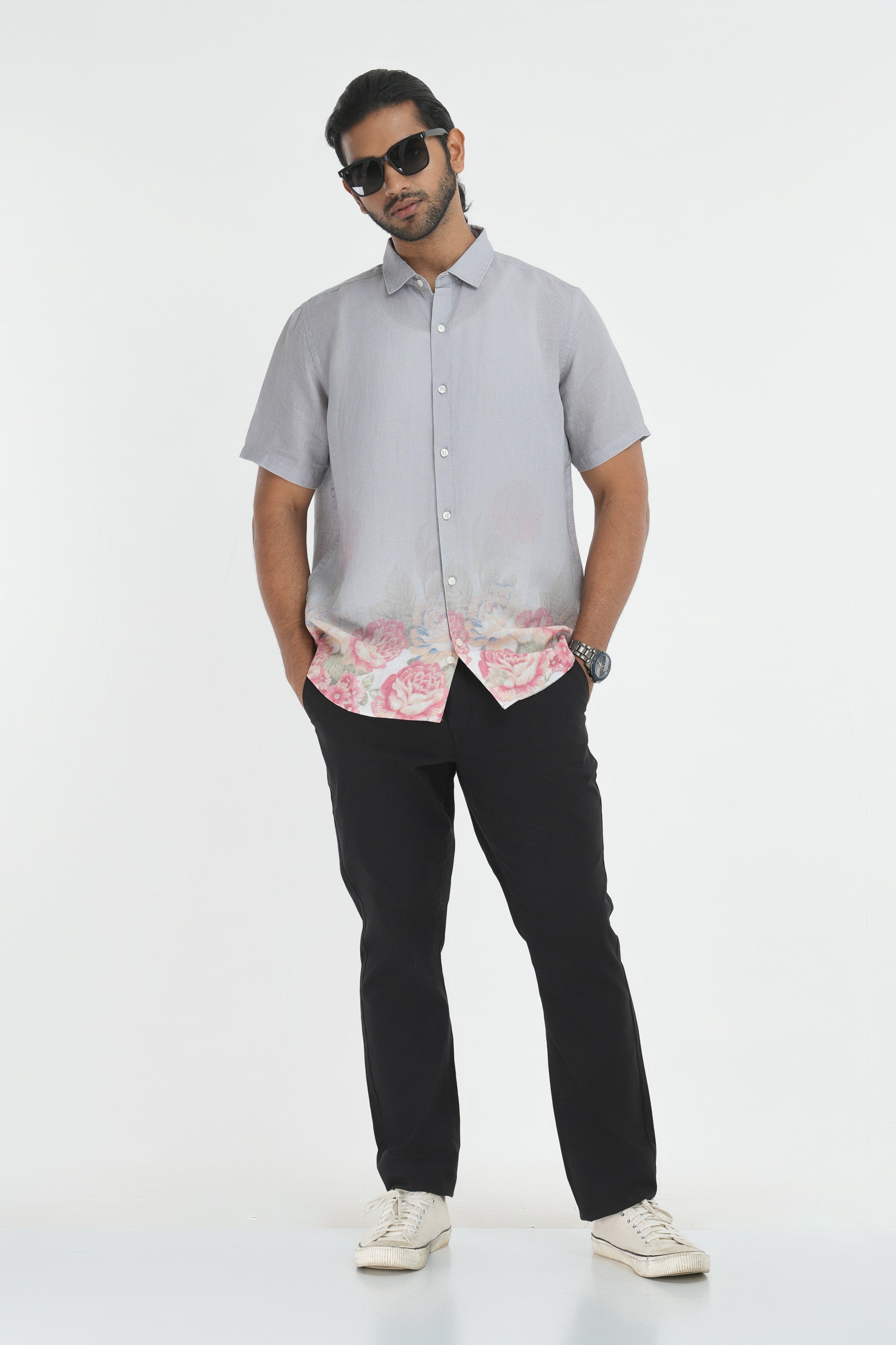 Linen Printed Shirt - Light Grey