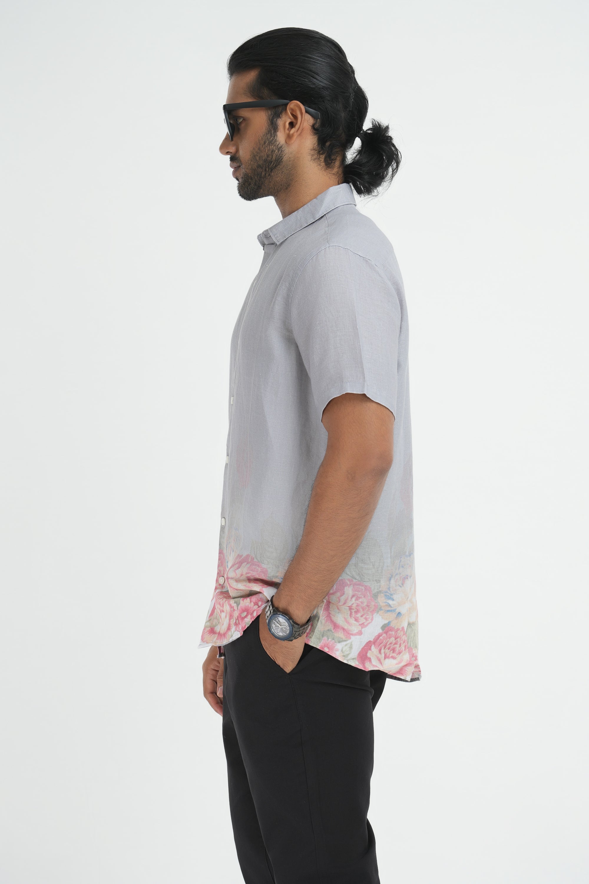 Linen Printed Shirt - Light Grey