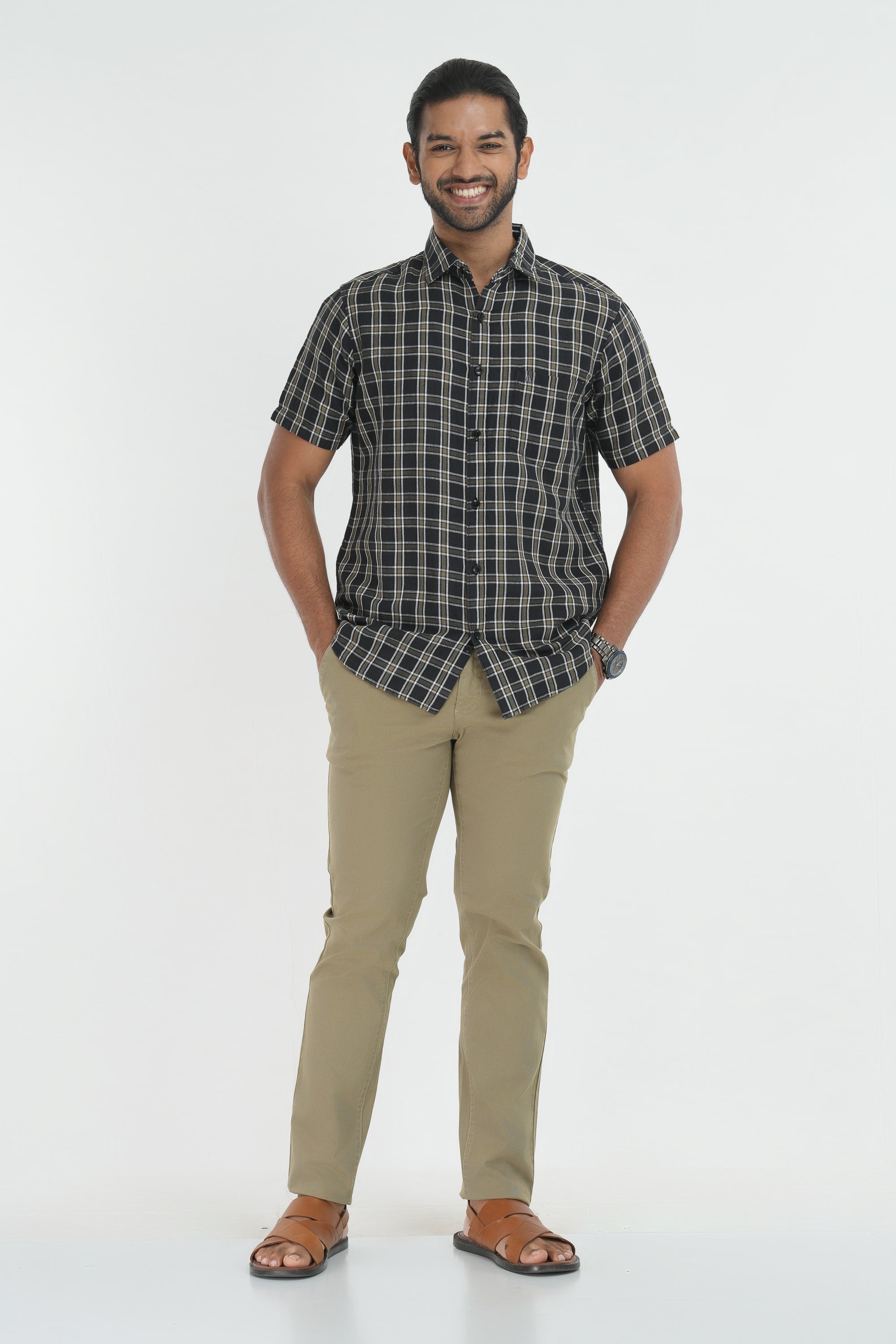 Linen Cotton Checks Shirt - Black
