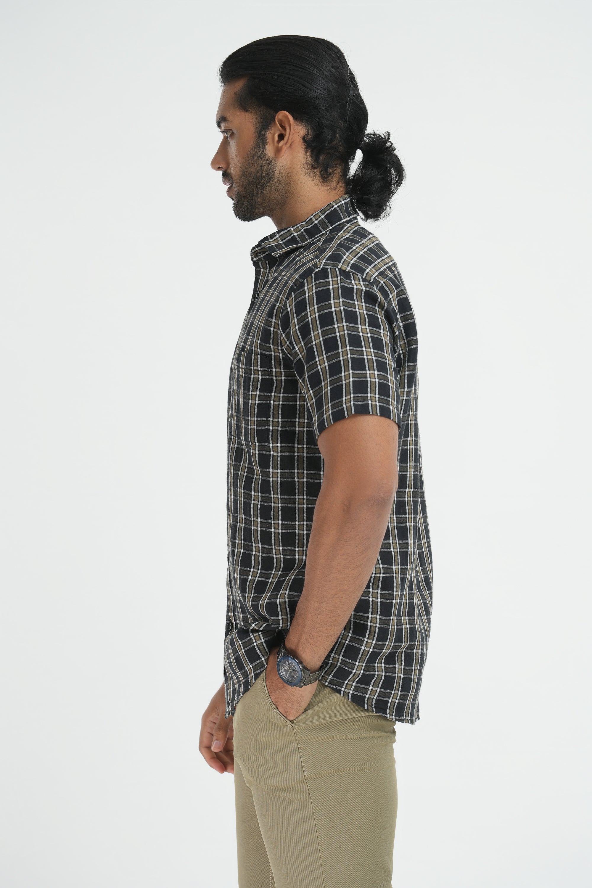 Linen Cotton Checks Shirt - Black