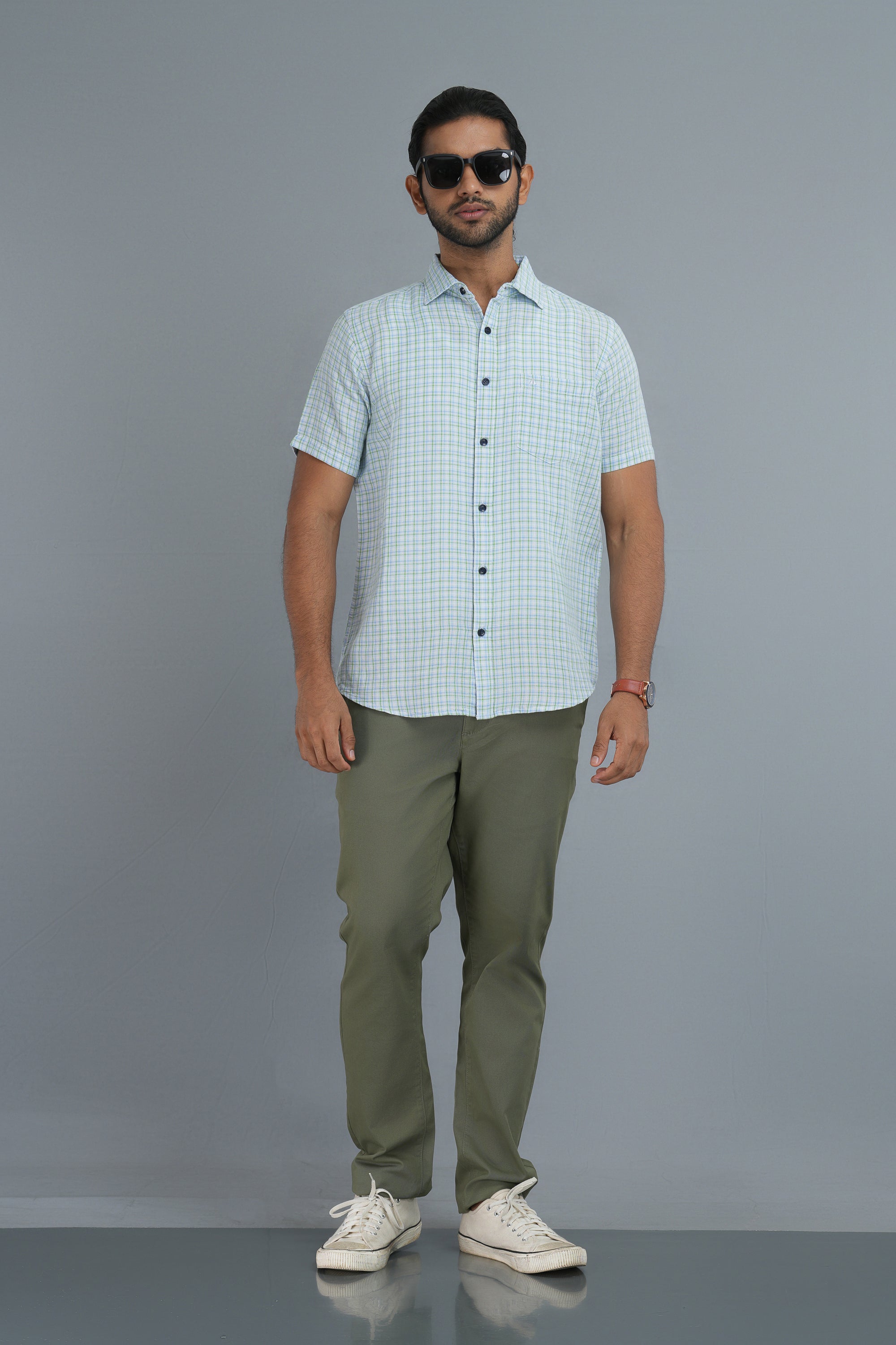 Linen Cotton Checks Shirt - Green