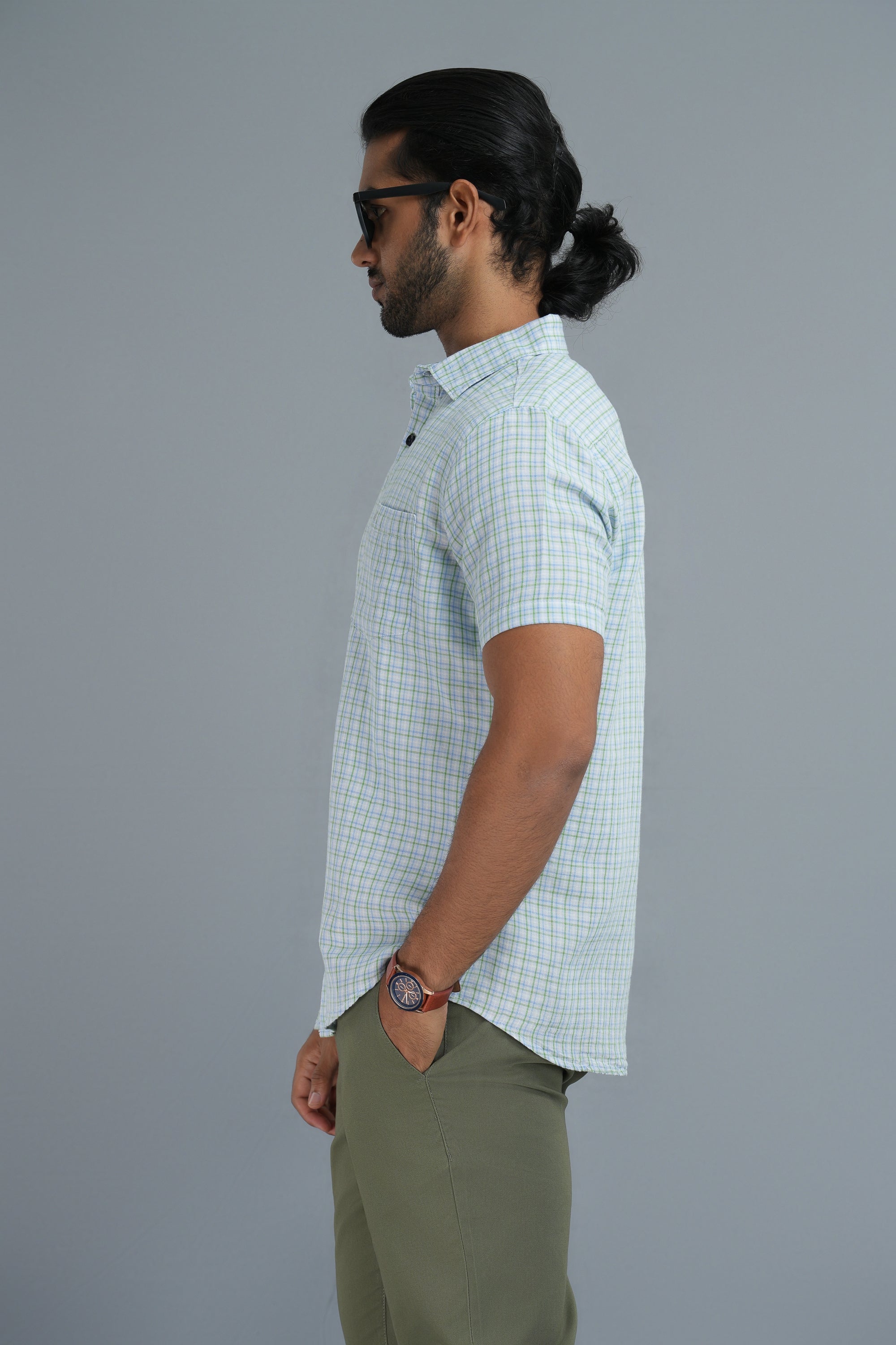 Linen Cotton Checks Shirt - Green