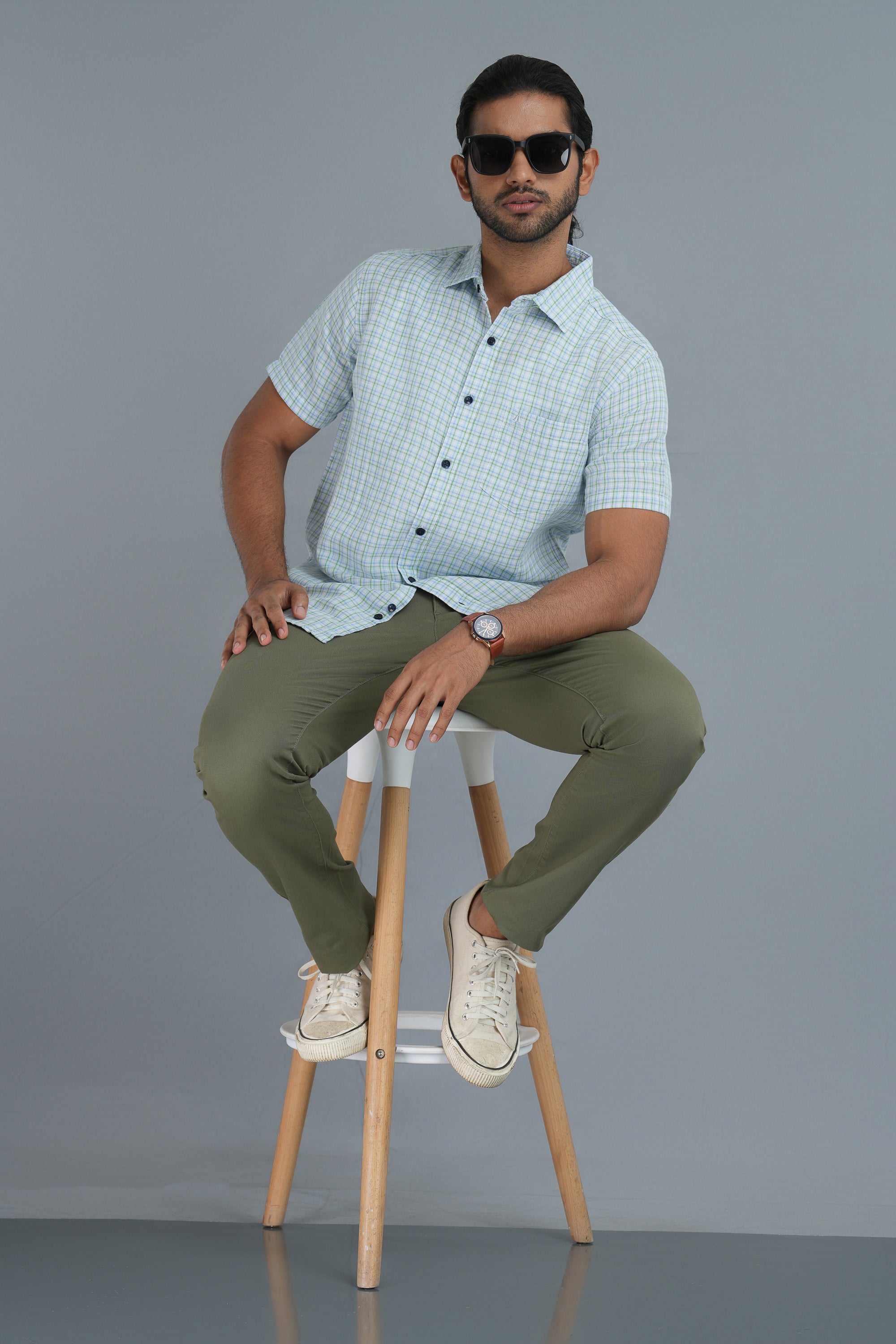 Linen Cotton Checks Shirt - Green