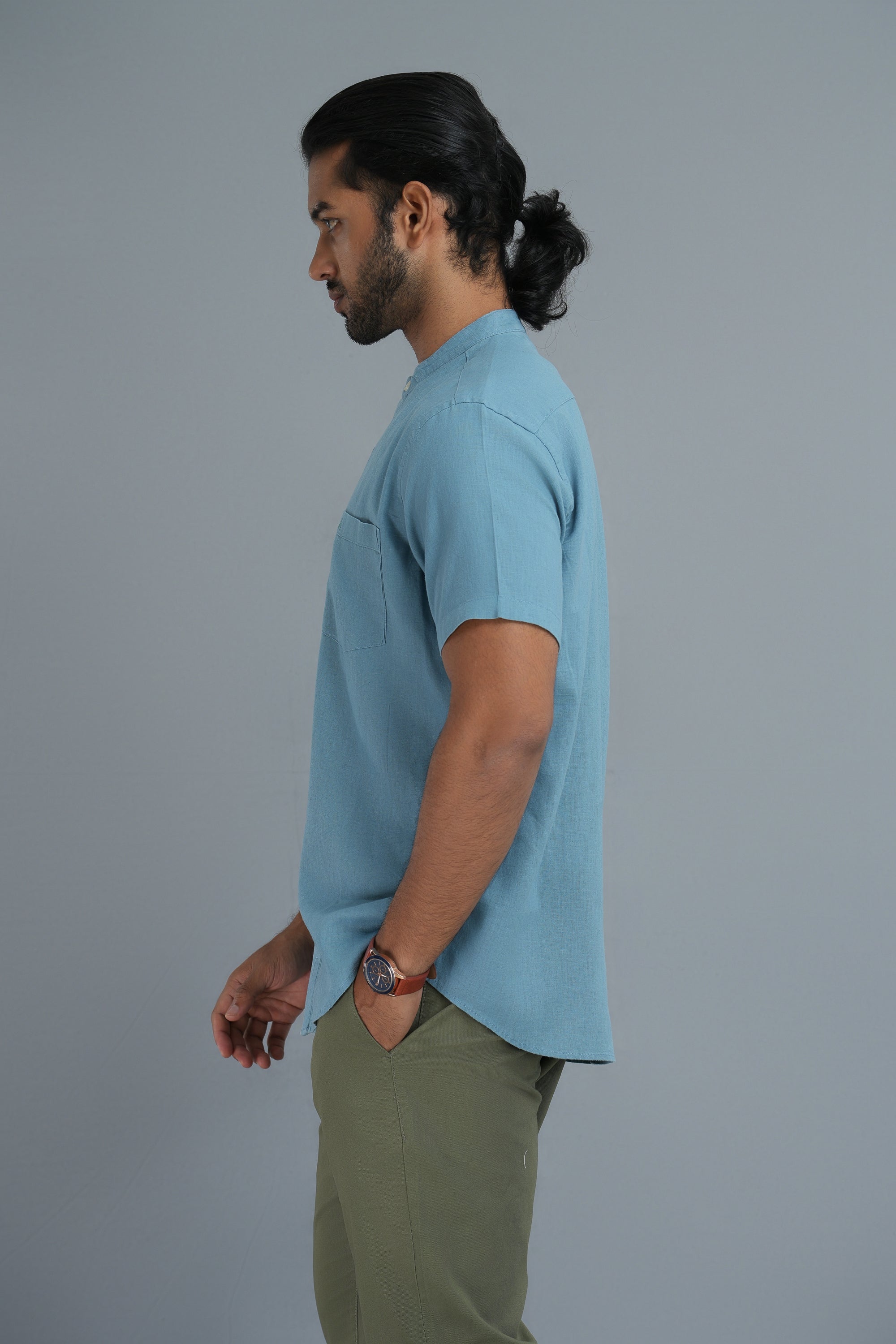 Classic Linen Cotton Mandarin Collar Shirt - Pale Blue