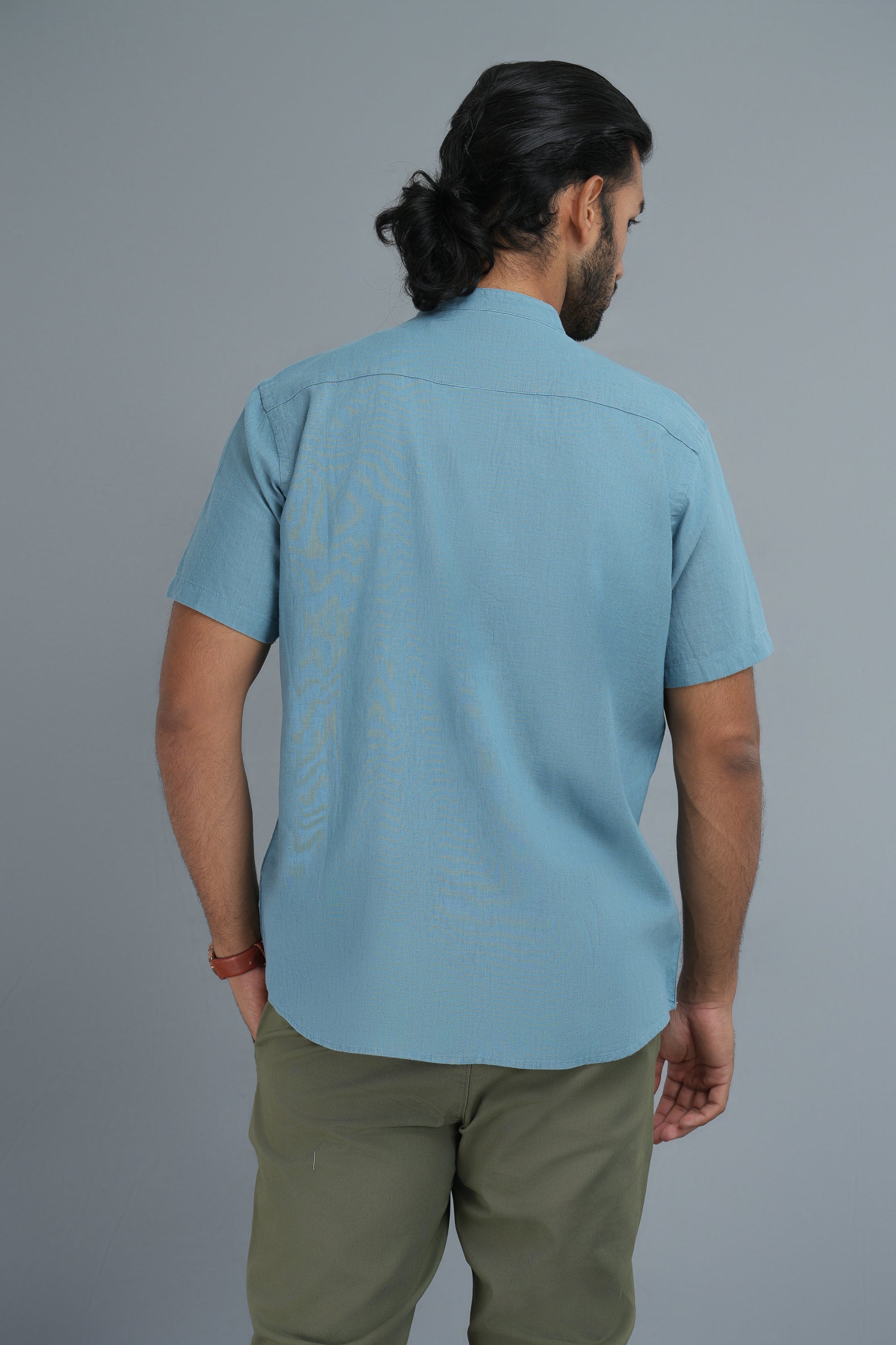 Classic Linen Cotton Mandarin Collar Shirt - Pale Blue