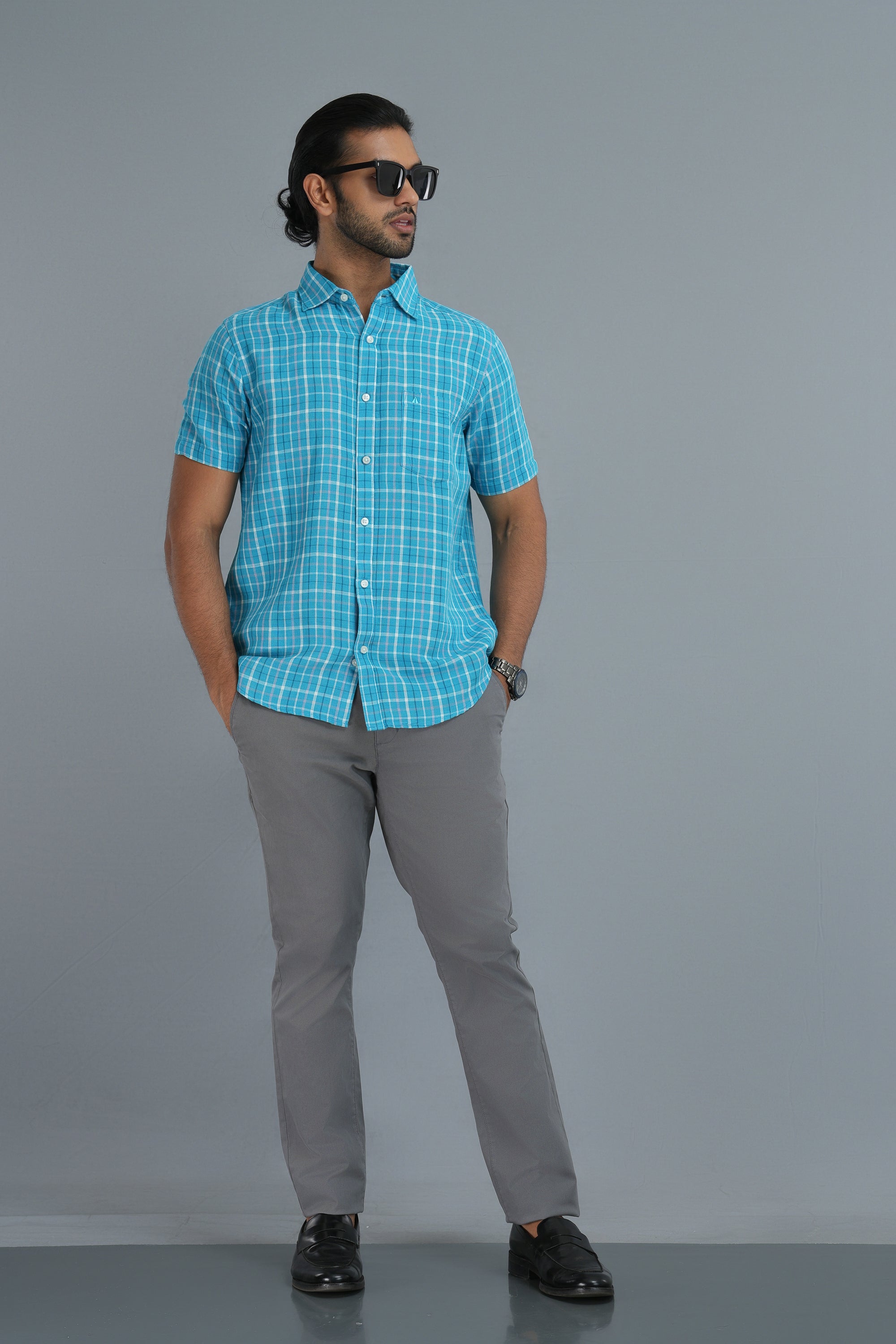 Linen Cotton Checks Shirt - Coral Blue