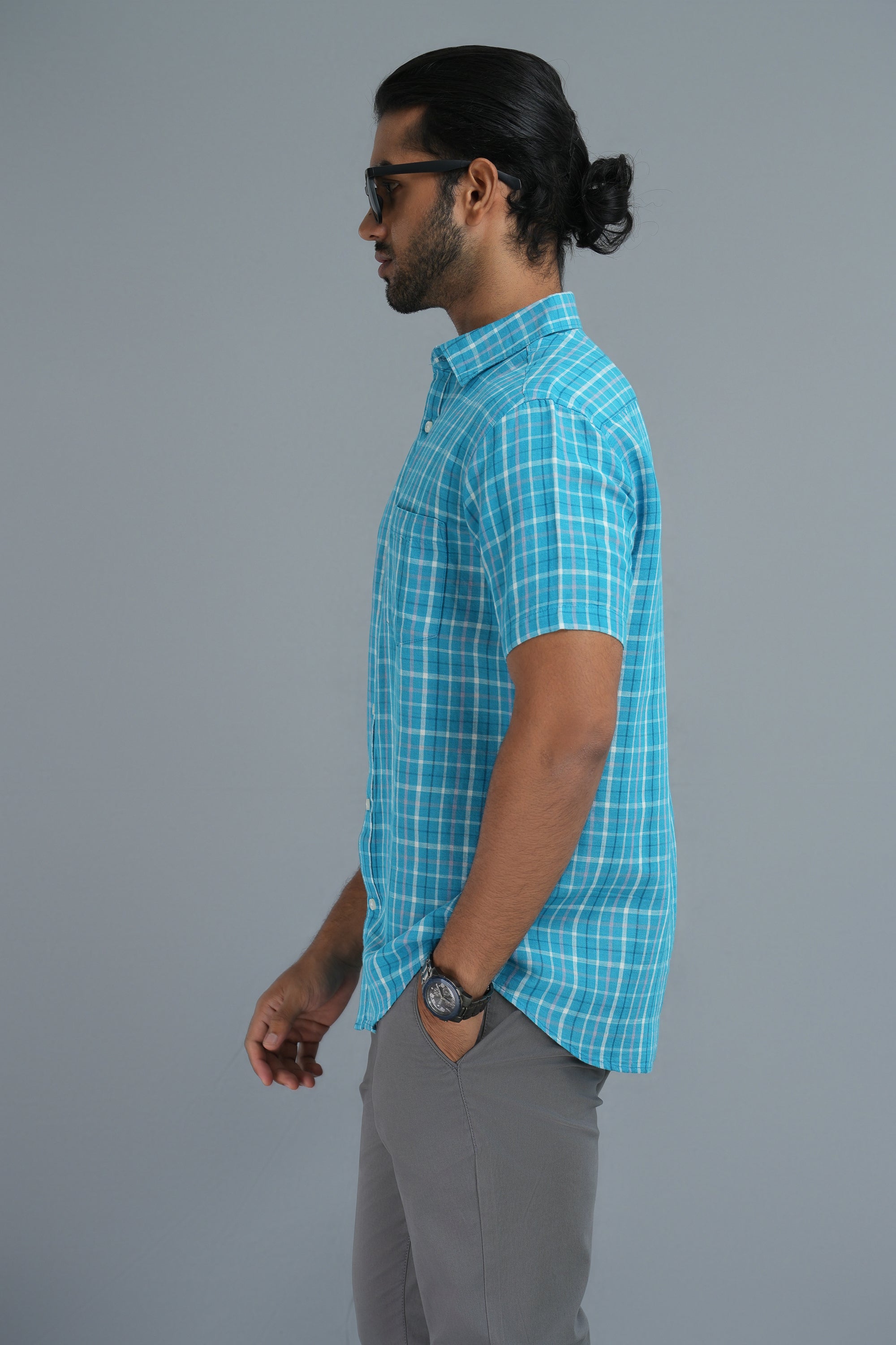 Linen Cotton Checks Shirt - Coral Blue