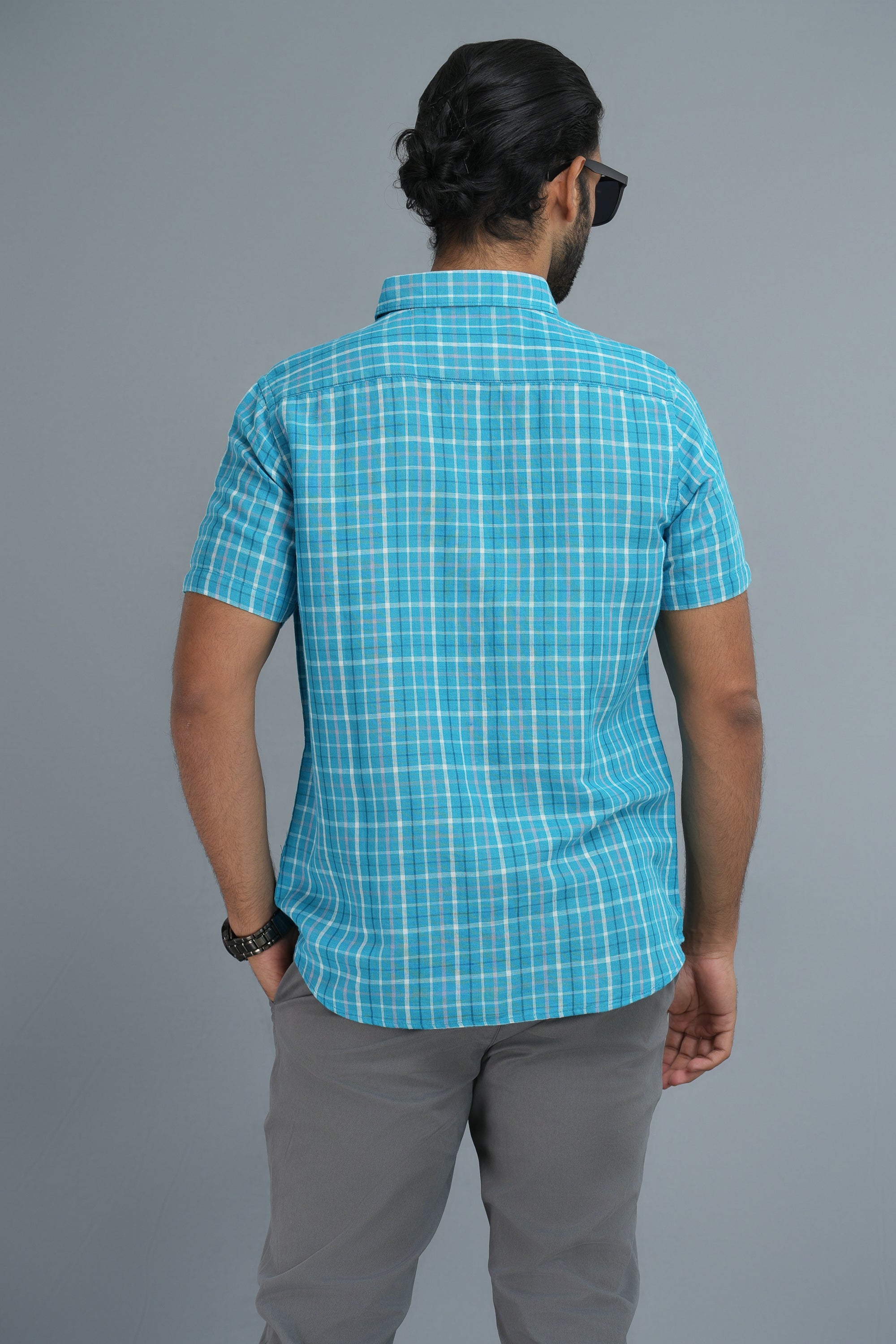 Linen Cotton Checks Shirt - Coral Blue