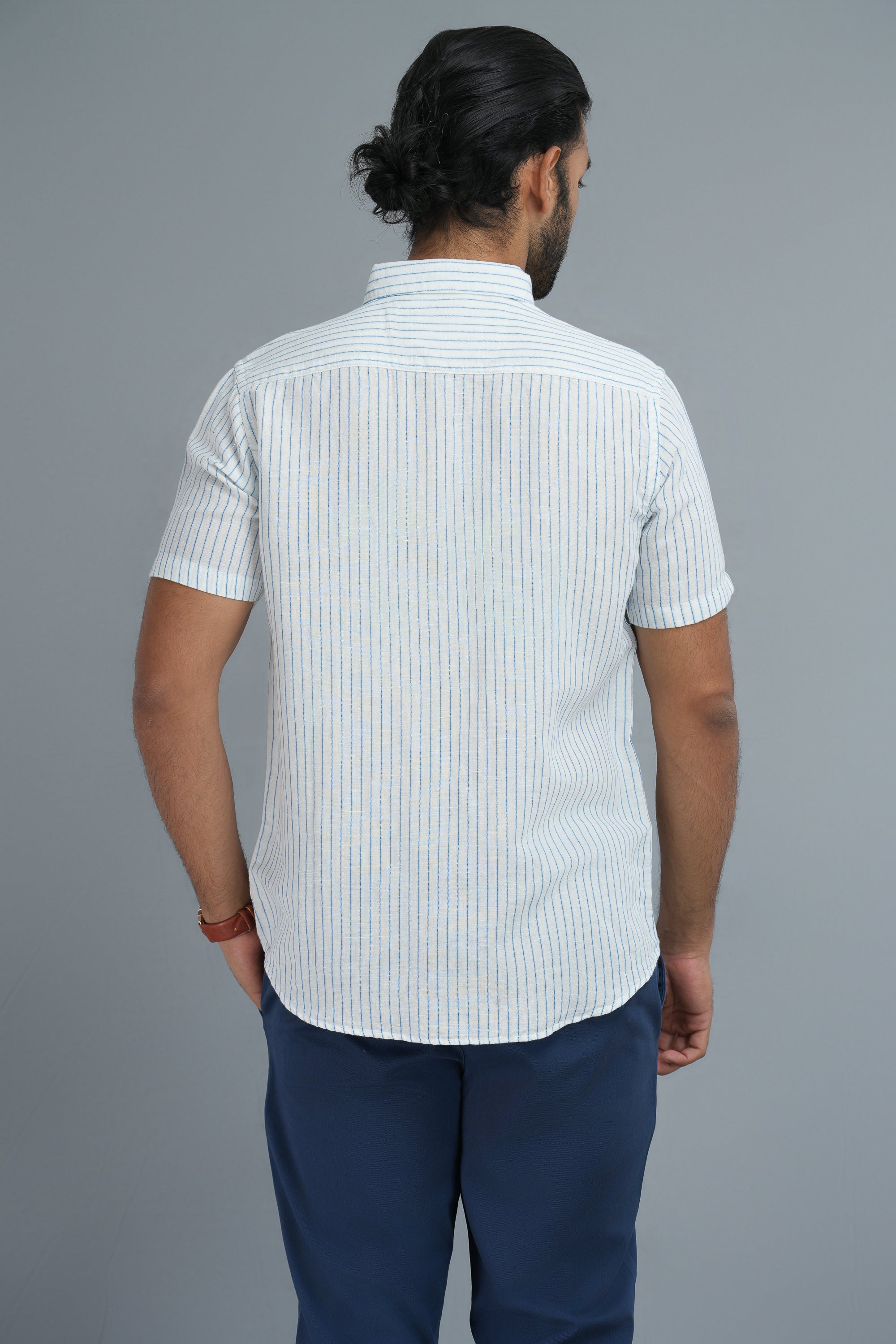 Linen Cotton Stripes Shirt - Light Blue